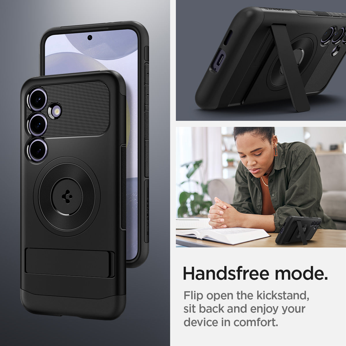 ACS07203 - Galaxy S24 Case Slim Armor (MagFit) in Black showing the handsfree mode. Flip open the kickstand, sit back and enjoy your device in comfort