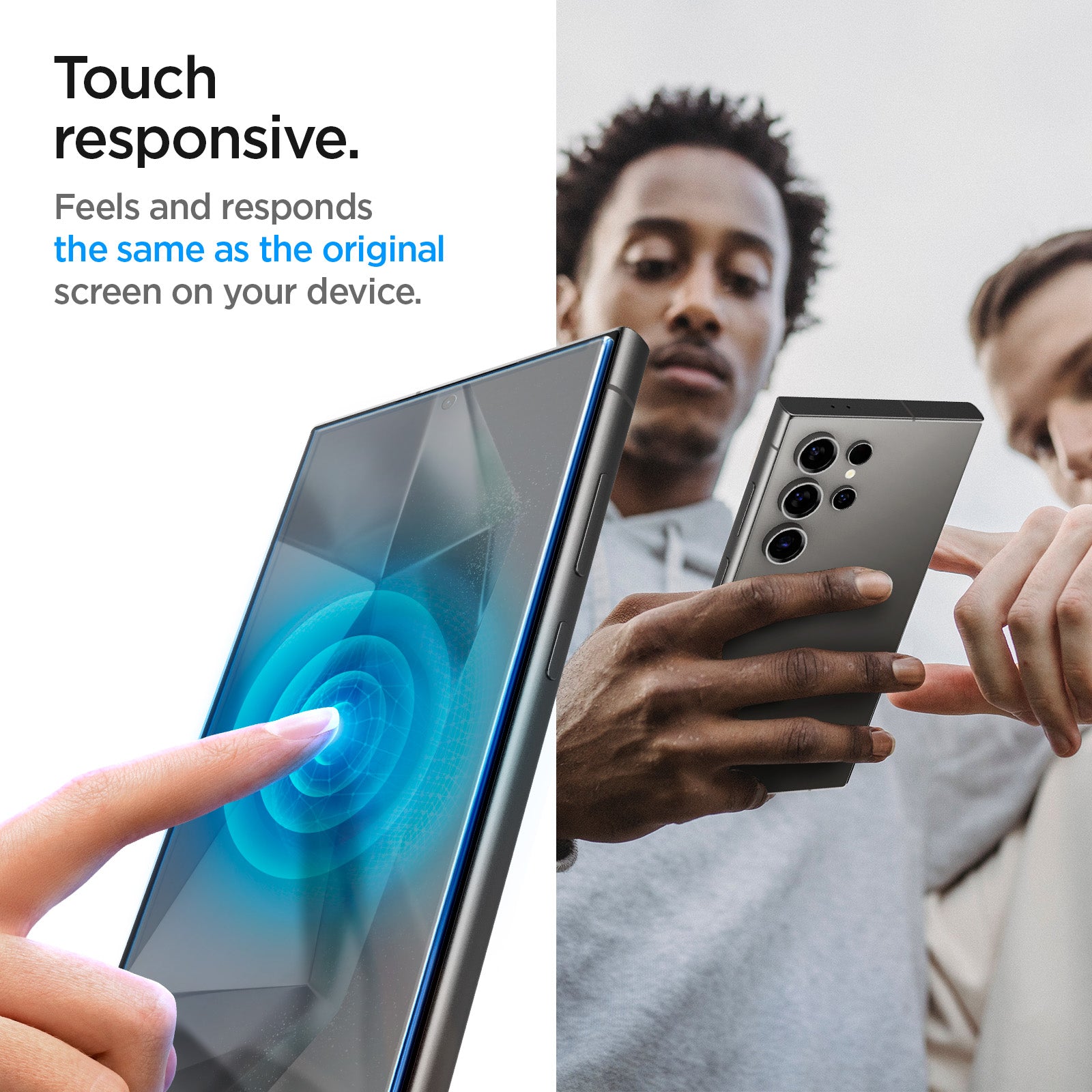 AGL07493 - Galaxy S24 Ultra GLAS.tR EZ Fit in Transparency showing the touch responsive. Flees and responds the same as the original screen on your device