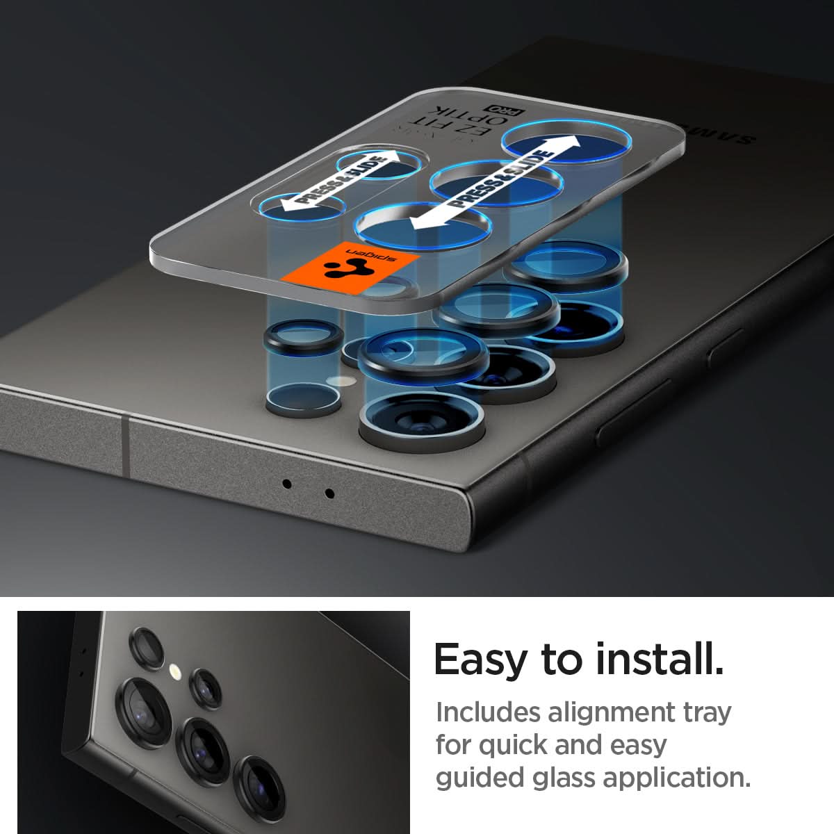 AGL07425 - Galaxy S24 Ultra Optik Pro EZ Fit Lens Protector in Black showing the easy to install. Includes alignment tray for quick and easy guided glass application