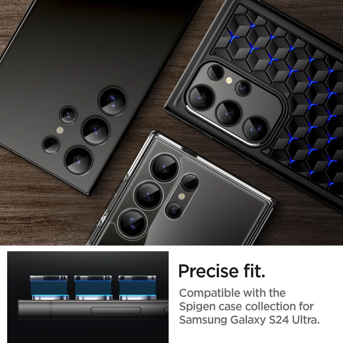 AGL07425 - Galaxy S24 Ultra Optik Pro EZ Fit Lens Protector in Black showing the precise fit. Compatible with the Spigen case collection for Smasung Galaxy S24 Ultra