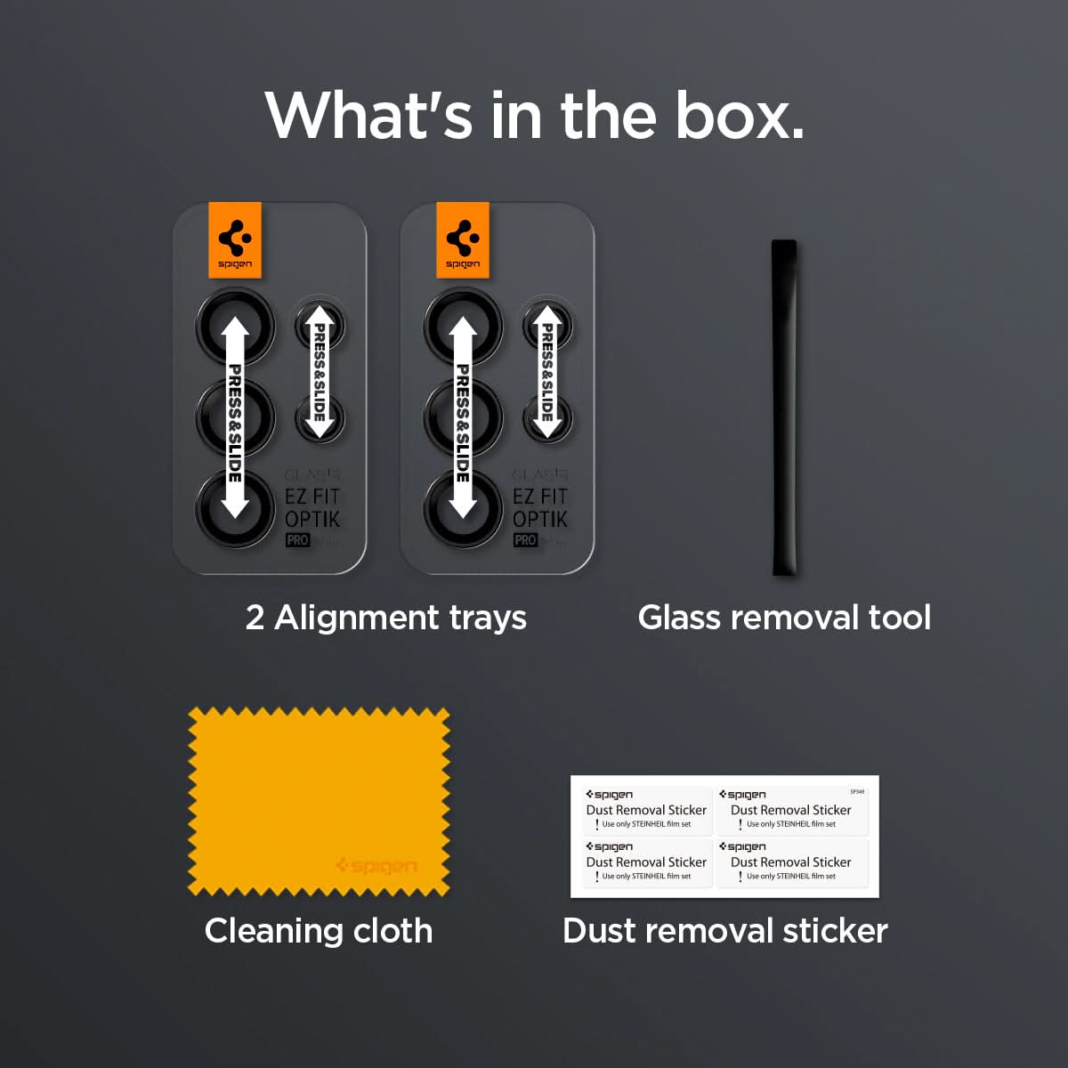 AGL07425 - Galaxy S24 Ultra Optik Pro EZ Fit Lens Protector in Black showing what's in the box. 2 Alignment trays, Glass removal tool, Cleaning cloth and Dust removal sticker