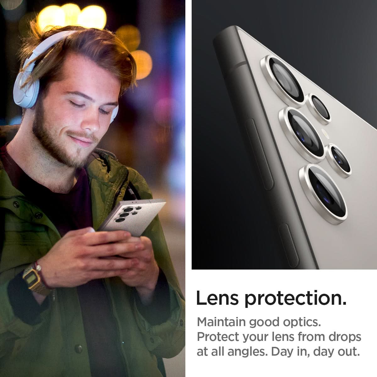 AGL07426 - Galaxy S24 Ultra Optik Pro EZ Fit Lens Protector in Gray showing the lens protection. Maintain good optics. Protect your lens from drops at all angles. Day in, day out