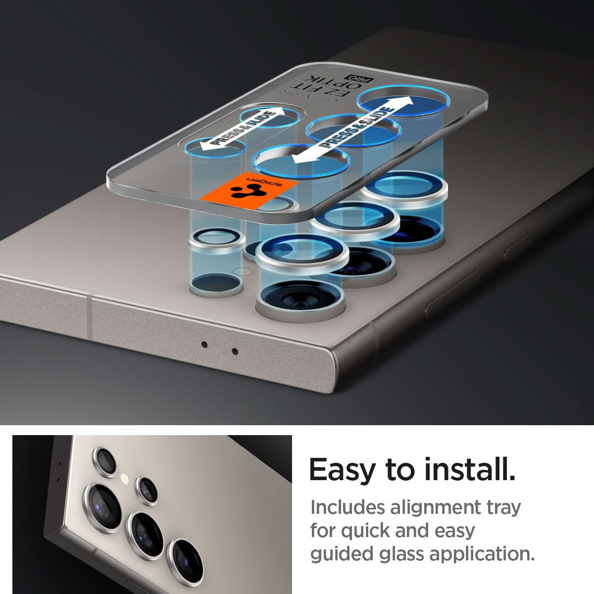 AGL07426 - Galaxy S24 Ultra Optik Pro EZ Fit Lens Protector in Gray showing the easy to install. Includes alignment tray for quick and easy guided glass application