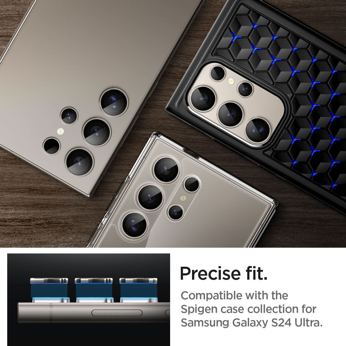 AGL07426 - Galaxy S24 Ultra Optik Pro EZ Fit Lens Protector in Gray showing the precise fit. Compatible with the Spigen case collection for Smasung Galaxy S24 Ultra