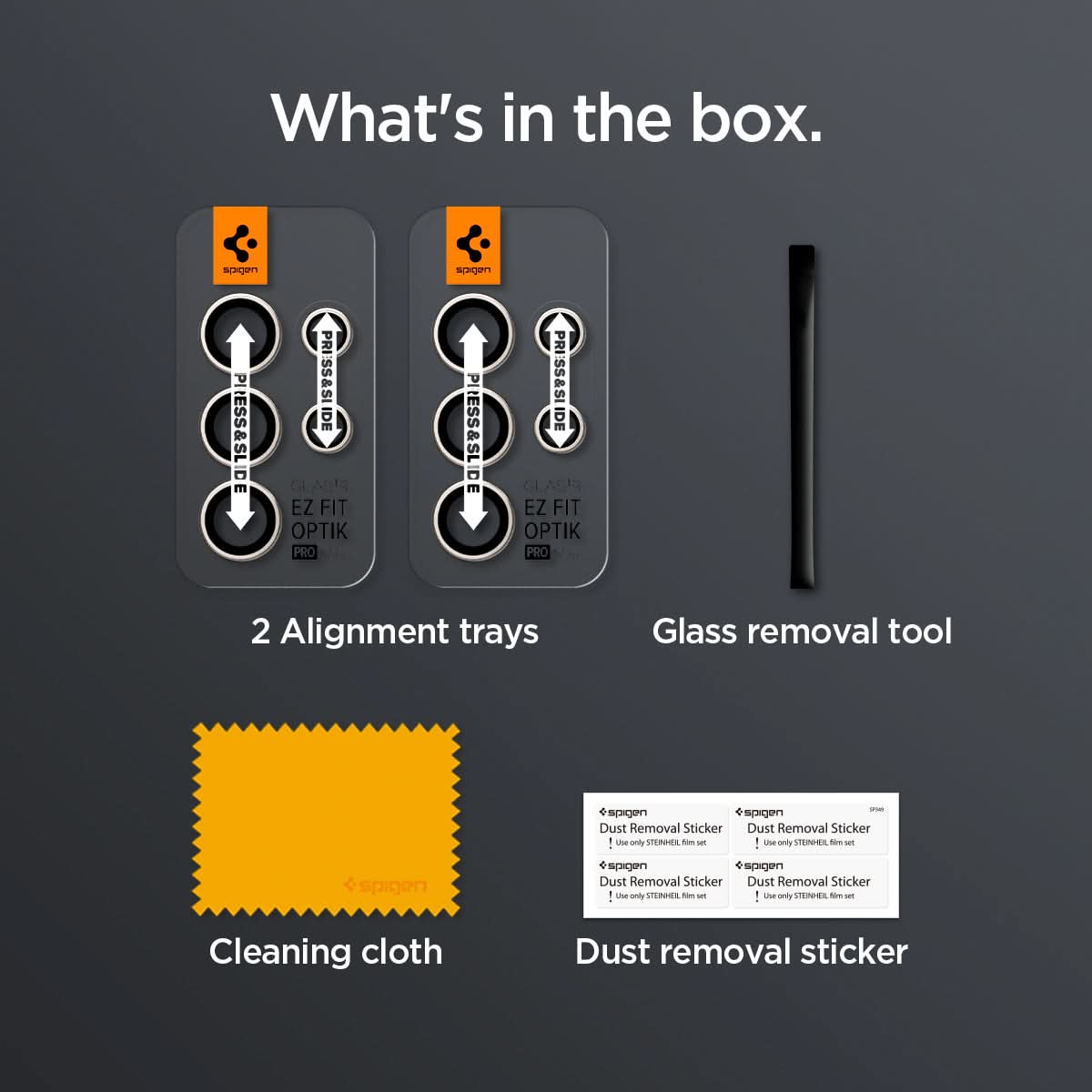 AGL07426 - Galaxy S24 Ultra Optik Pro EZ Fit Lens Protector in Gray showing what's in the box. 2 Alignment trays, Glass removal tool, Cleaning cloth and Dust removal sticker