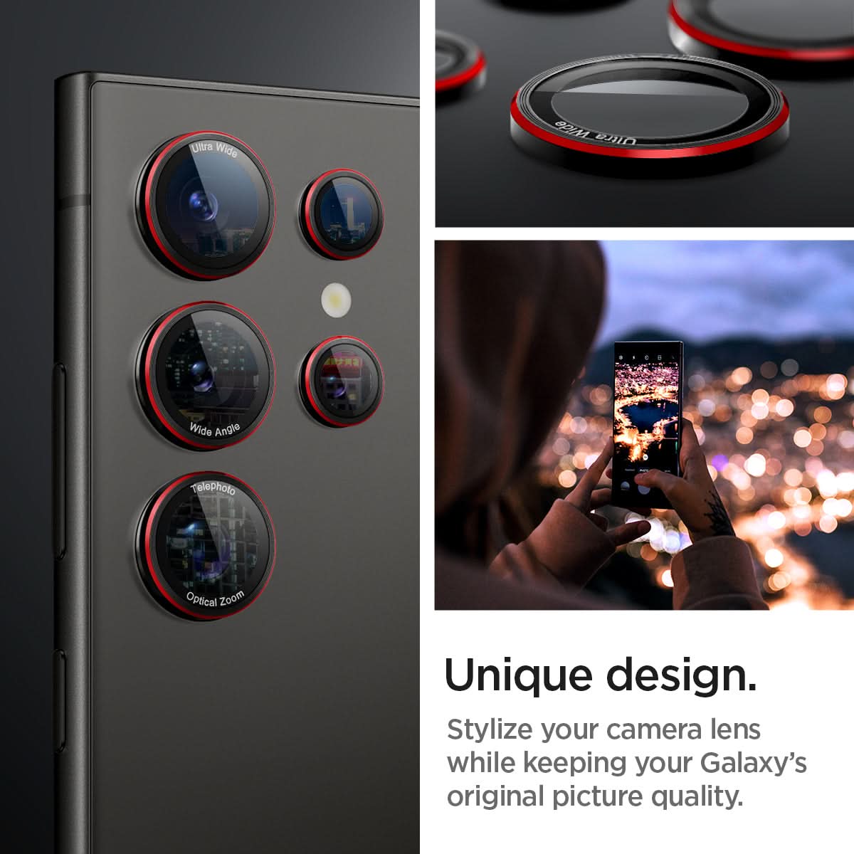 AGL07585 - Galaxy S24 Ultra Optik Pro EZ Fit Lens Protector in L-Series showing the unique design. Stylize your camera lens while keeping your Galaxy's original picture quality
