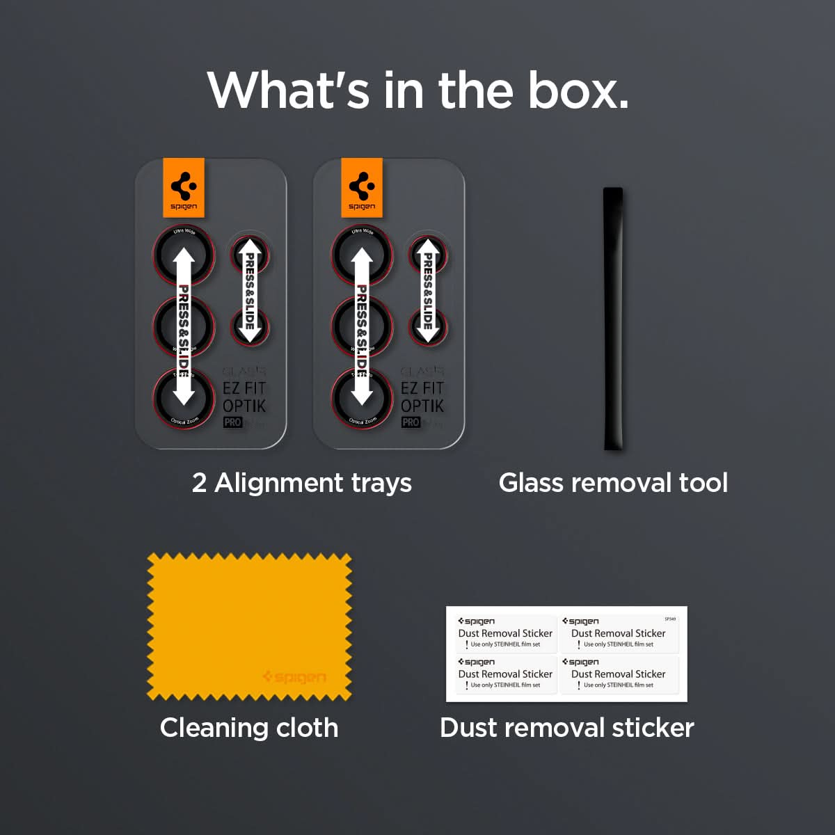 AGL07585 - Galaxy S24 Ultra Optik Pro EZ Fit Lens Protector in L-Series showing what's in the box. 2 Alignment trays, Glass removal tool, Cleaning cloth and Dust removal sticker