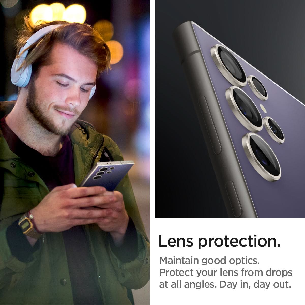 AGL07427 - Galaxy S24 Ultra Optik Pro EZ Fit Lens Protector in Violet showing the lens protection. Maintain good optics. Protect your lens from drops at all angles. Day in, day out