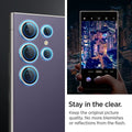 AGL07427 - Galaxy S24 Ultra Optik Pro EZ Fit Lens Protector in Violet showing how it stays clear. Keep the original picture quality. No more blemishes or reflections from the flash