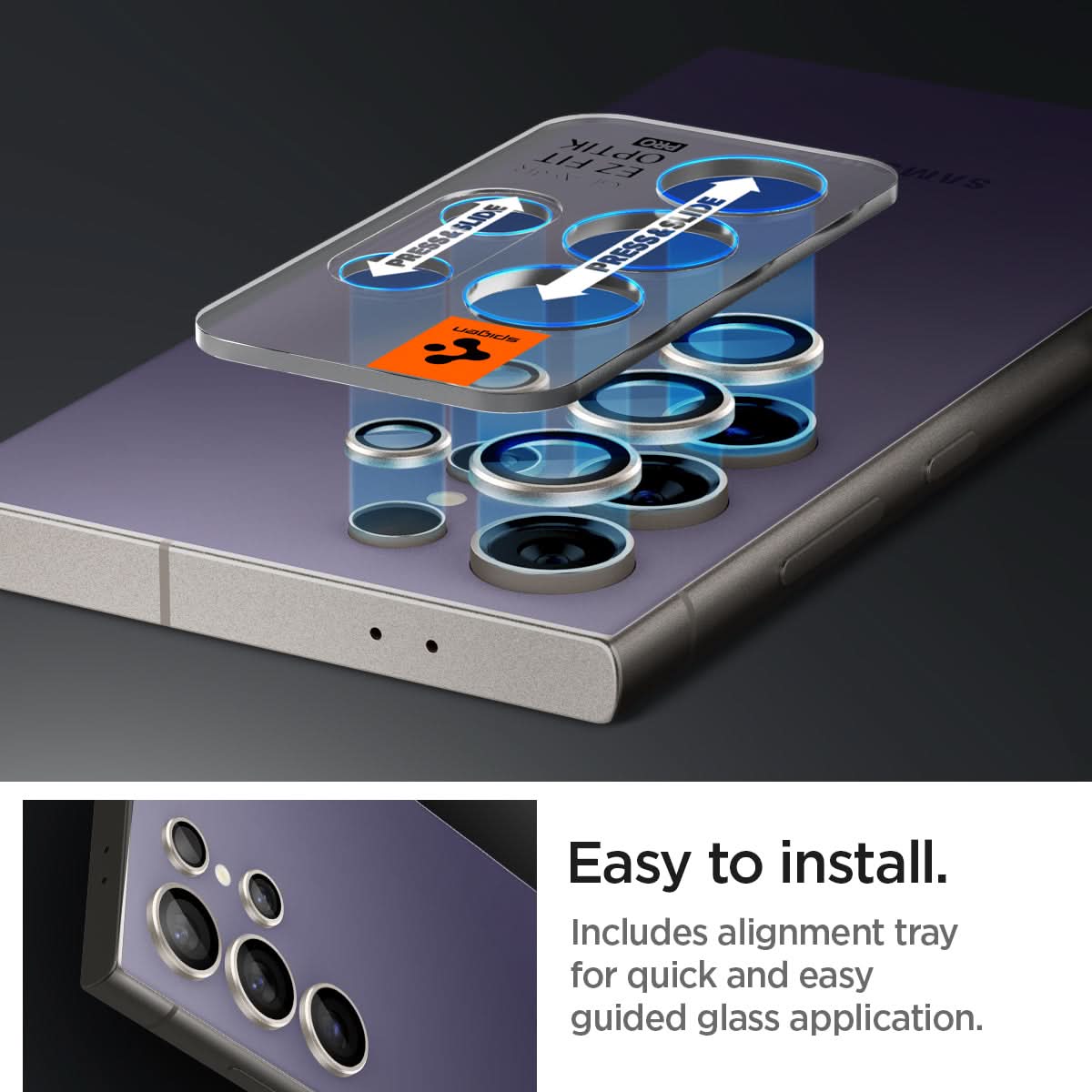 AGL07427 - Galaxy S24 Ultra Optik Pro EZ Fit Lens Protector in Violet showing the easy to install. Includes alignment tray for quick and easy guided glass application