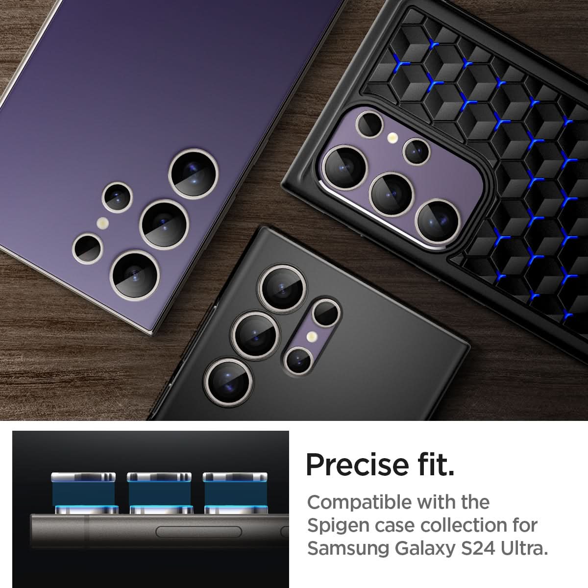 AGL07427 - Galaxy S24 Ultra Optik Pro EZ Fit Lens Protector in Violet showing the precise fit. Compatible with the Spigen case collection for Smasung Galaxy S24 Ultra
