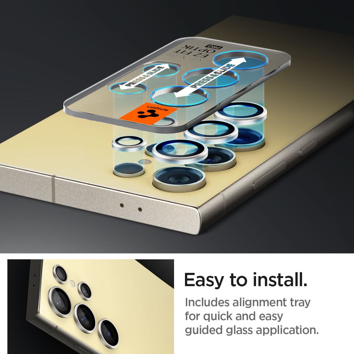 AGL07428 - Galaxy S24 Ultra Optik Pro EZ Fit Lens Protector in Yellow showing the easy to install. Includes alignment tray for quick and easy guided glass application