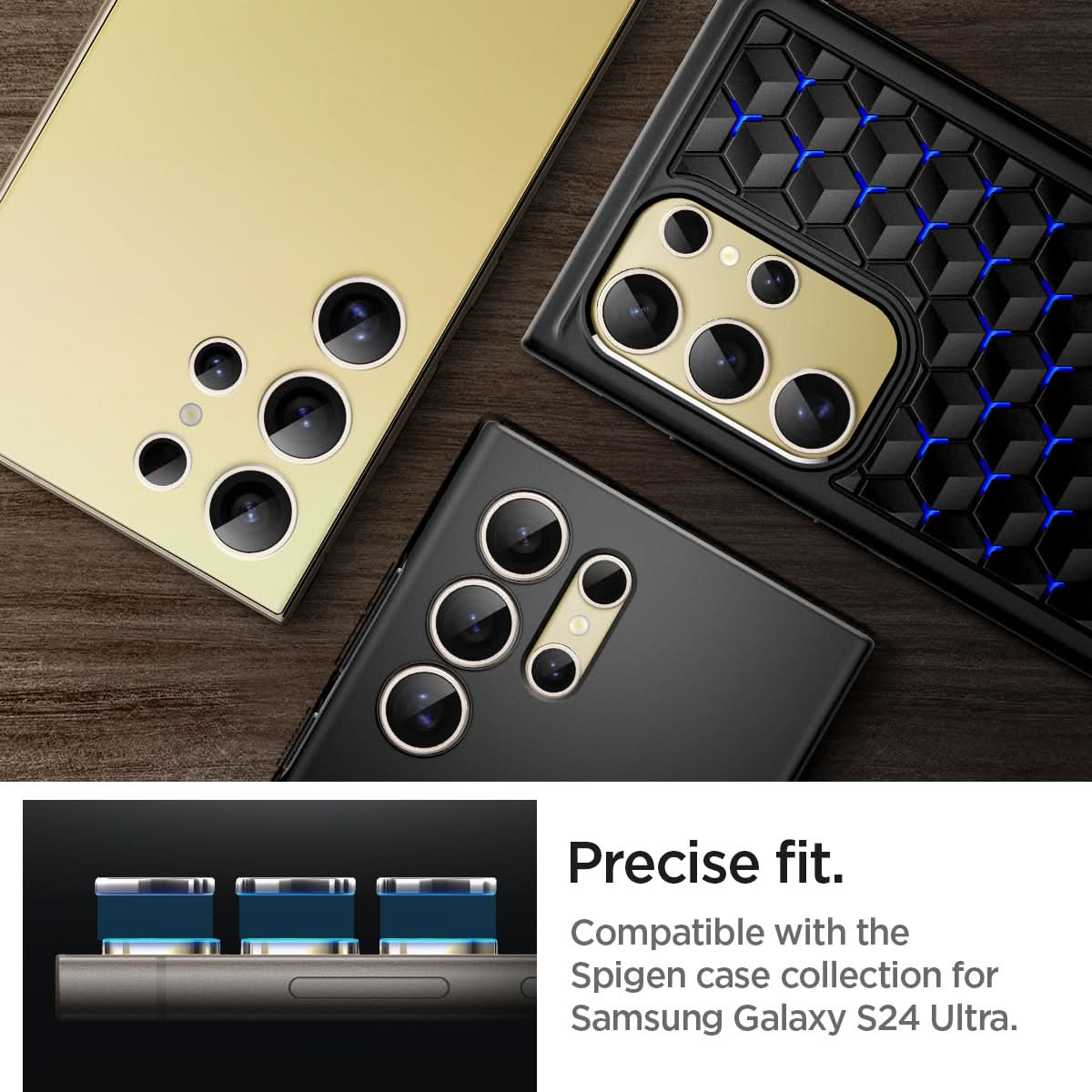 AGL07428 - Galaxy S24 Ultra Optik Pro EZ Fit Lens Protector in Yellow showing the precise fit. Compatible with the Spigen case collection for Smasung Galaxy S24 Ultra