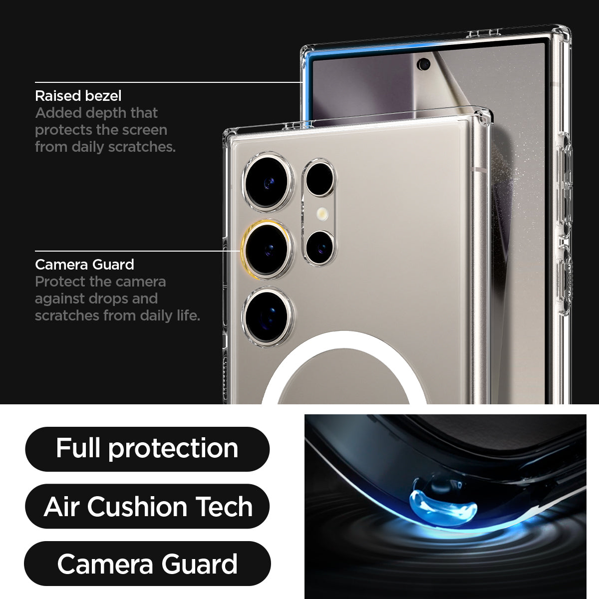 ACS07297 - Galaxy S24 Ultra Case Ultra Hybrid Metal Ring (MagFit) in Black raised bezel added depth that protects the screen from daily scratches. camera guard protect the camera against drops and scratches from daily life. full protection. air cushion tech. camera guard.