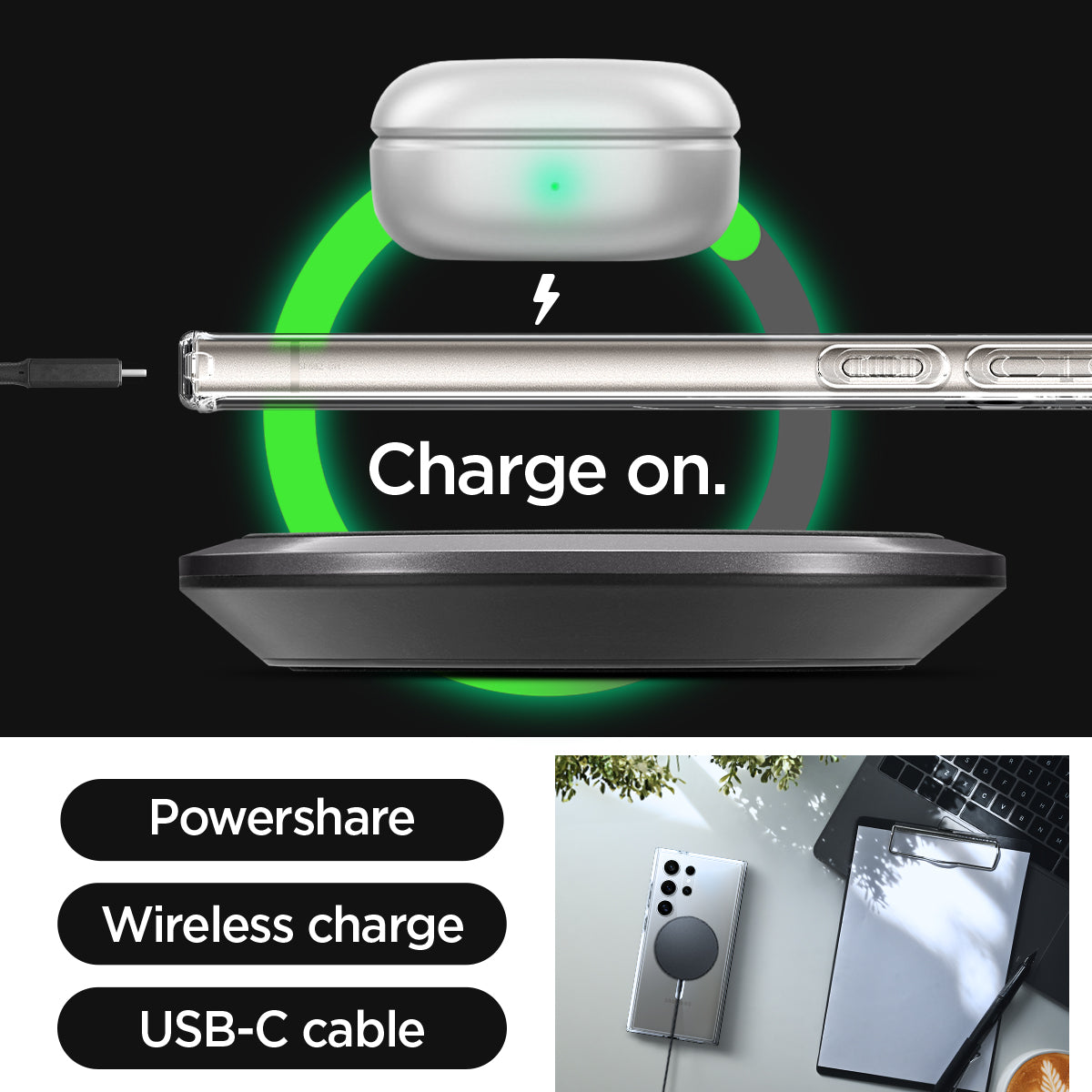 ACS07297 - Galaxy S24 Ultra Case Ultra Hybrid Metal Ring (MagFit) in Black charge on. powershare. wireless charge. USB-C cable.