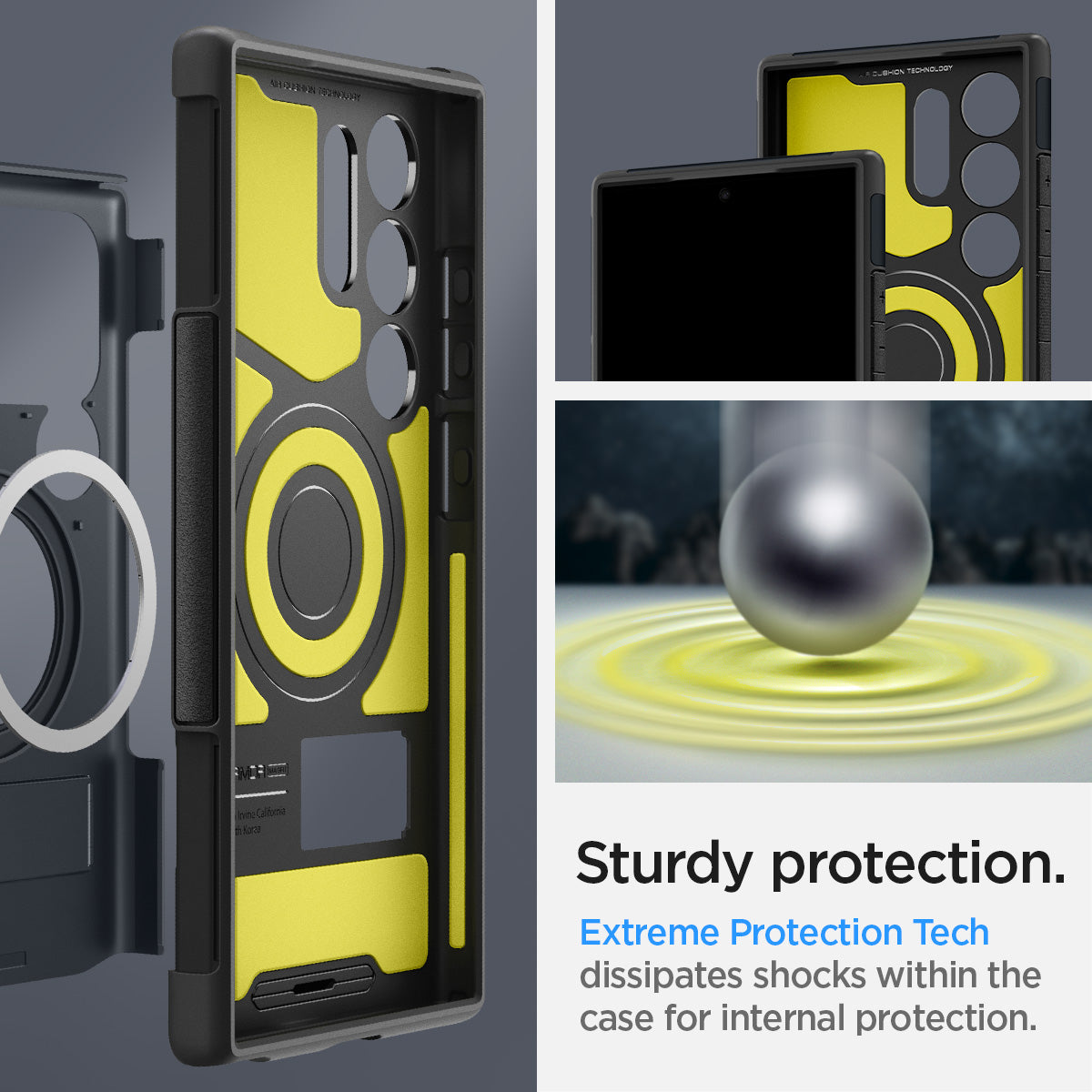 ACS07188 - Galaxy S24 Ultra Case Slim Armor (MagFit) in Metal Slate showing the sturdy protection. Extreme Protection Tech. dissipates shock within the case for internal protection