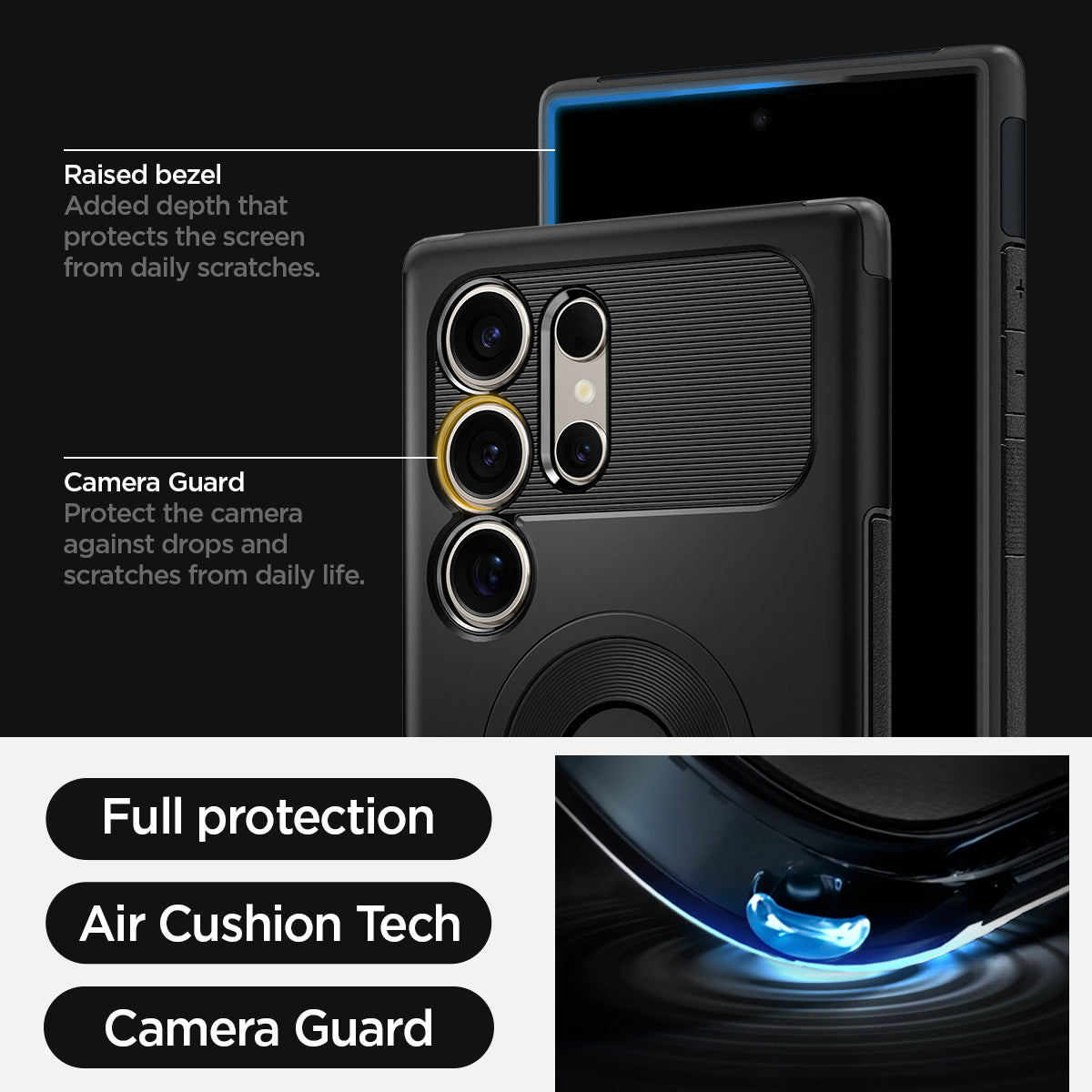 ACS07189 - Galaxy S24 Ultra Case Slim Armor (MagFit) in Black showing the full protection, air cushion tech and camera guard. Raised bezel-added depth that protects the screen from daily scratches