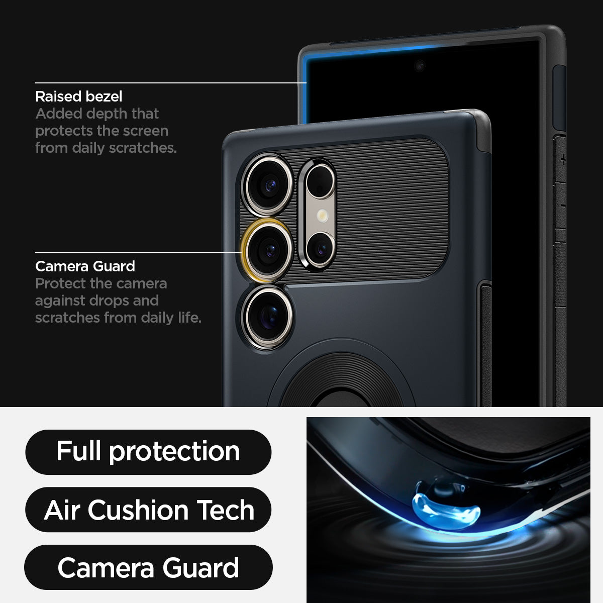 ACS07188 - Galaxy S24 Ultra Case Slim Armor (MagFit) in Metal Slate showing the full protection, air cushion tech and camera guard. Raised bezel-added depth that protects the screen from daily scratches