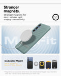 ACS09060 - Galaxy S25 Plus Case Parallax (MagFit) in Sage Green showing the stronger magnets for easy, securer, and snappy connectivity. Dedicated Magfit made for galaxy S25 series. *Magnetic accessories other than the dedicated Magfit may interfere with the camera lens depending on their size