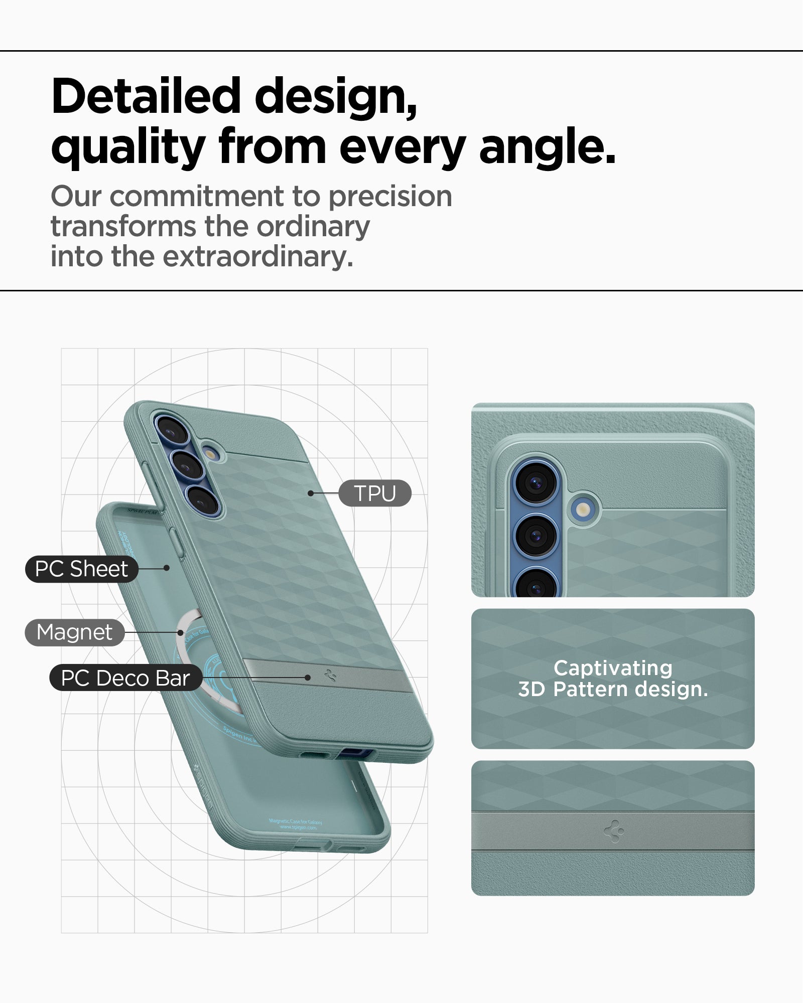 ACS09060 - Galaxy S25 Plus Case Parallax (MagFit) in Sage Green showing the detailed design, quality from every angle. Our commitment to precision transforms the ordinary into the extraordinary. TPU, PC Sheet, Magnet and PC Decor Bar with captivating 3D pattern design