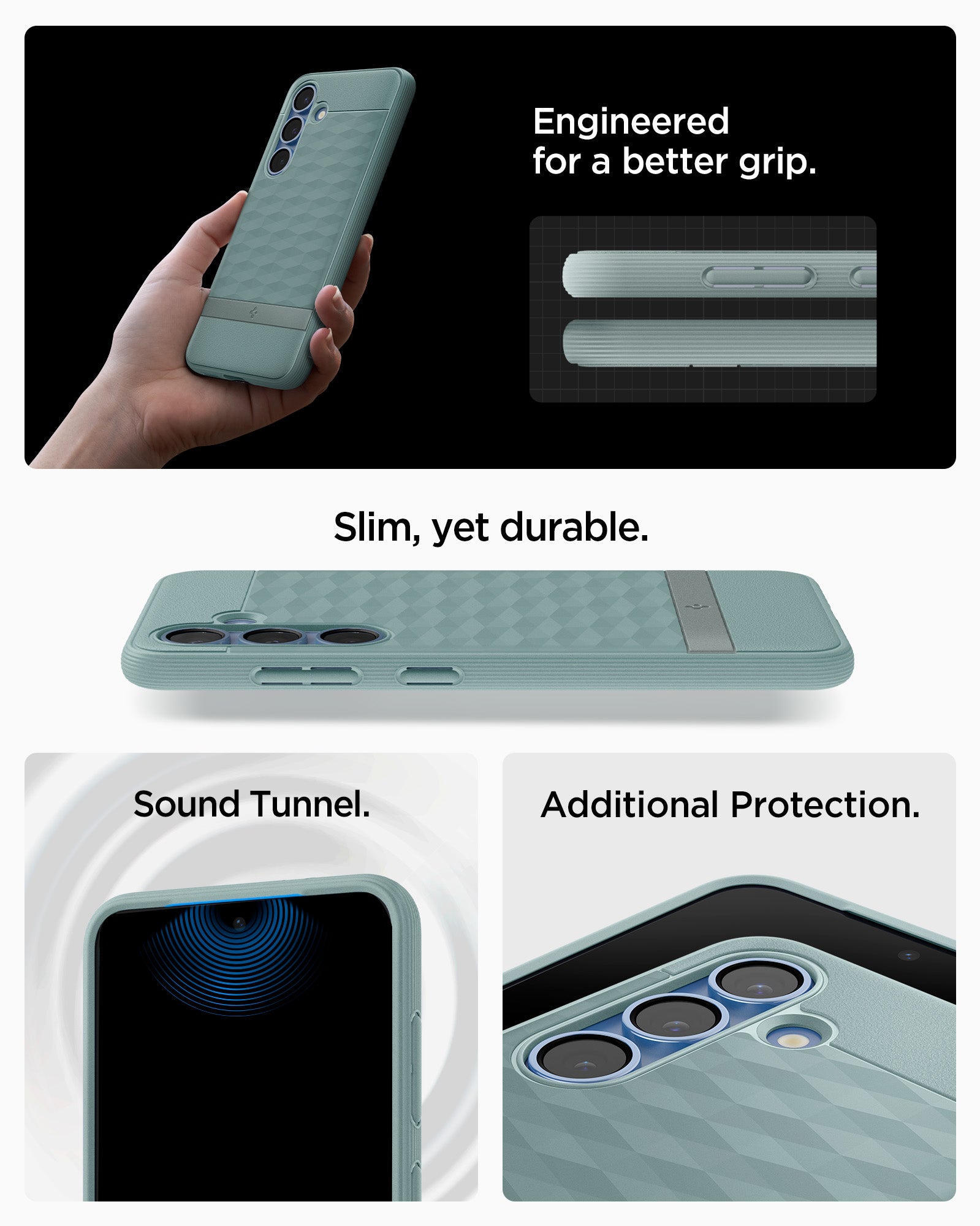 ACS09060 - Galaxy S25 Plus Case Parallax (MagFit) in Sage Green showing how it is engineered for a better grip. Slim, yet durable. Sound Tunnel and Additional Protection