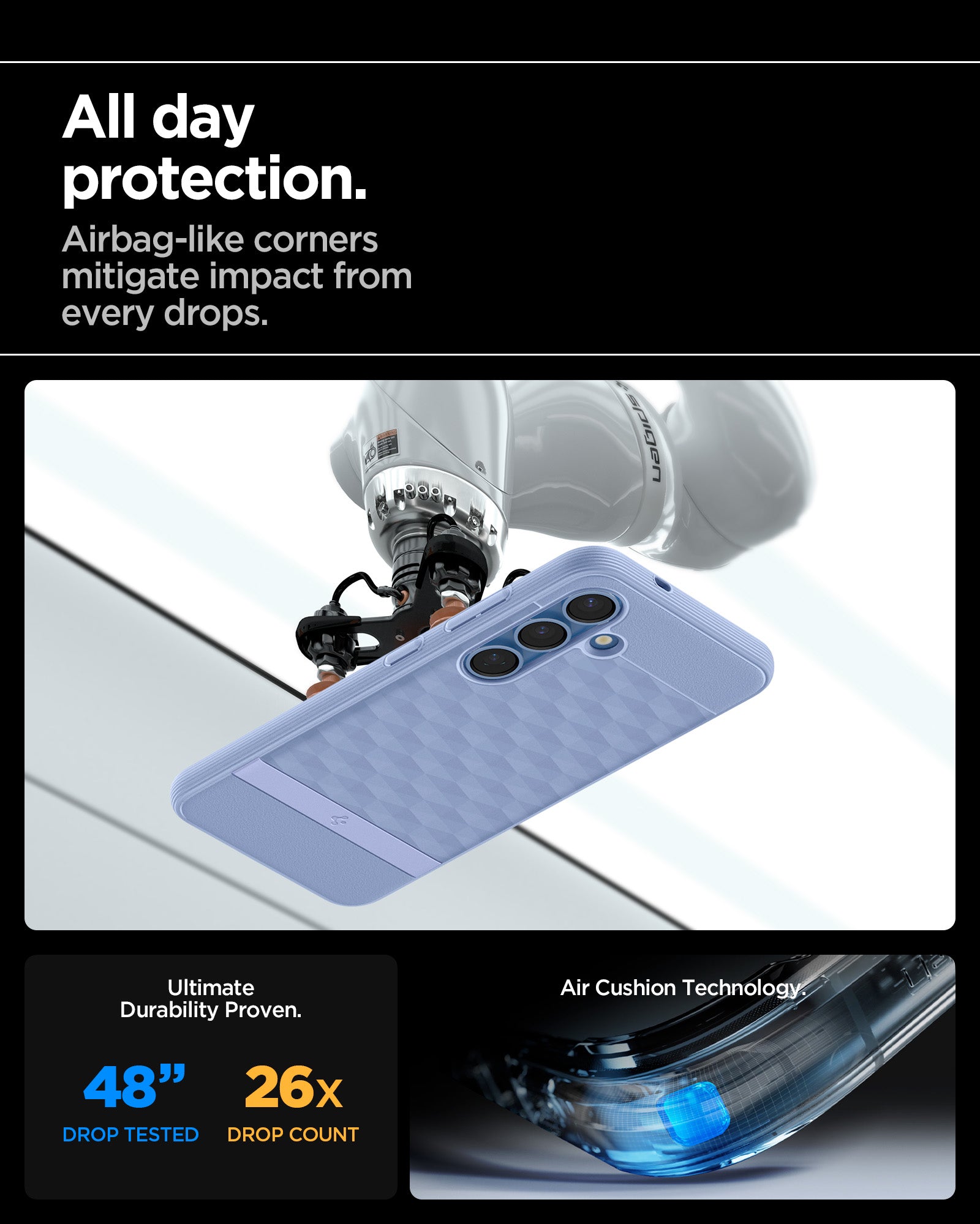 ACS09059 - Galaxy S25 Plus Case Parallax (MagFit) in Purple-ish showing the all day protection. Airbag-like corners mitigate impact from drops. Ultimate durability proven. 48" drop tested and 26X drop count