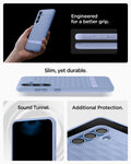 ACS09059 - Galaxy S25 Plus Case Parallax (MagFit) in Purple-ish showing how it is engineered for a better grip. Slim, yet durable. Sound Tunnel and Additional Protection