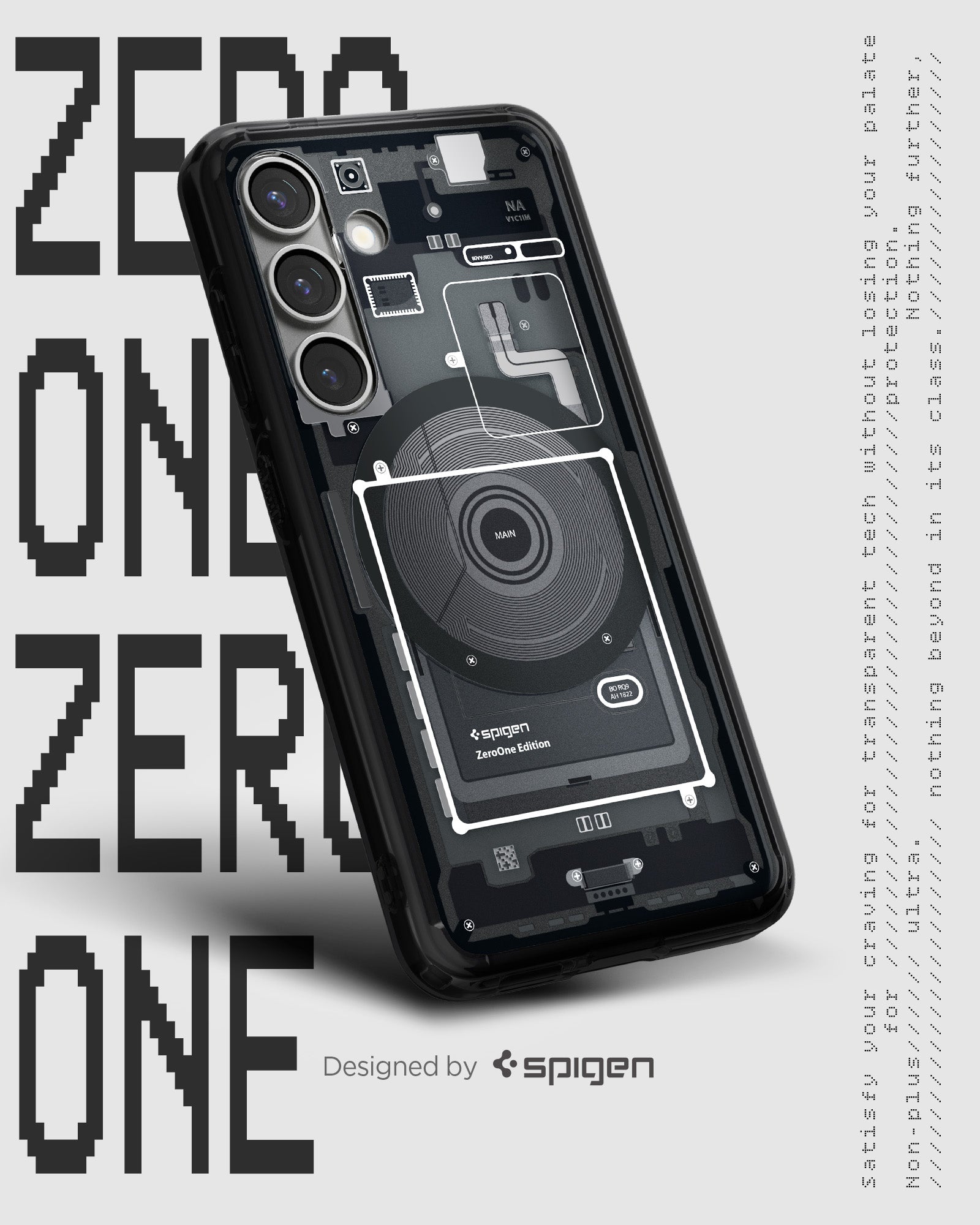 ACS08982 - Galaxy S25 Plus Case Ultra Hybrid Metal Ring Zero One (MagFit) in Zero One Black showing the back, partial side and bottom