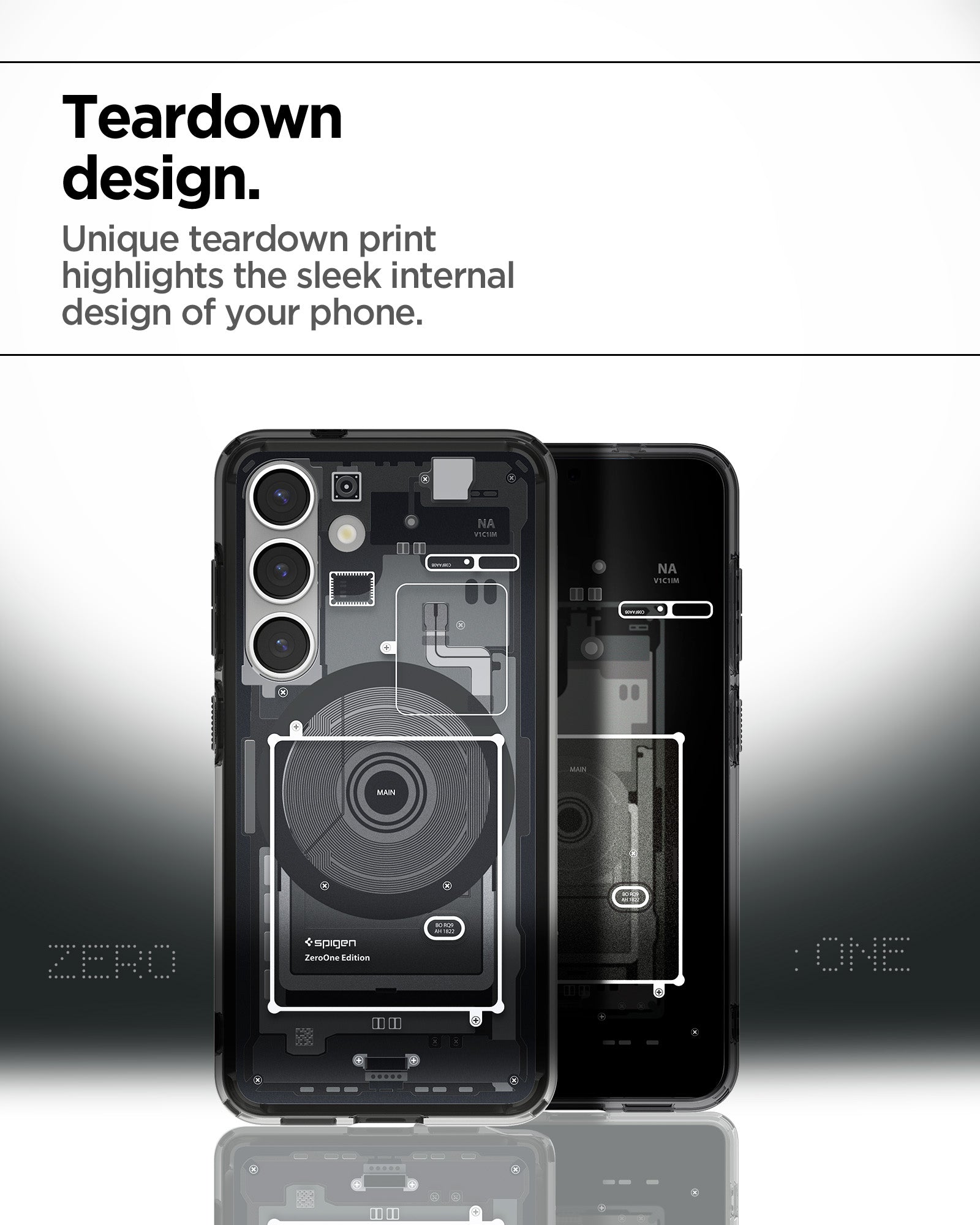 ACS08982 - Galaxy S25 Plus Case Ultra Hybrid Metal Ring Zero One (MagFit) in Zero One Black showing the teardown design. Unique teardown print highlights the sleek internal design of your phone