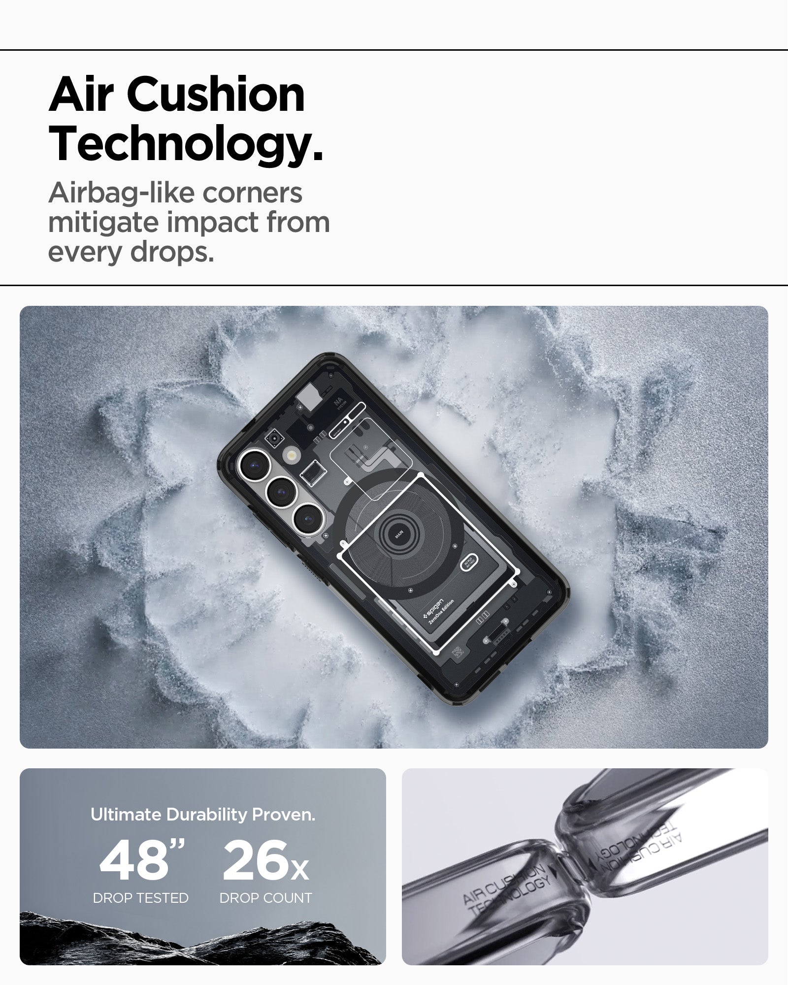 ACS08982 - Galaxy S25 Plus Case Ultra Hybrid Metal Ring Zero One (MagFit) in Zero One Black showing the Air Cushion Technology. Airbag-like corners mitigate impact from every drops. Ultimate durability proven. 48" drop tested and 26x drop count