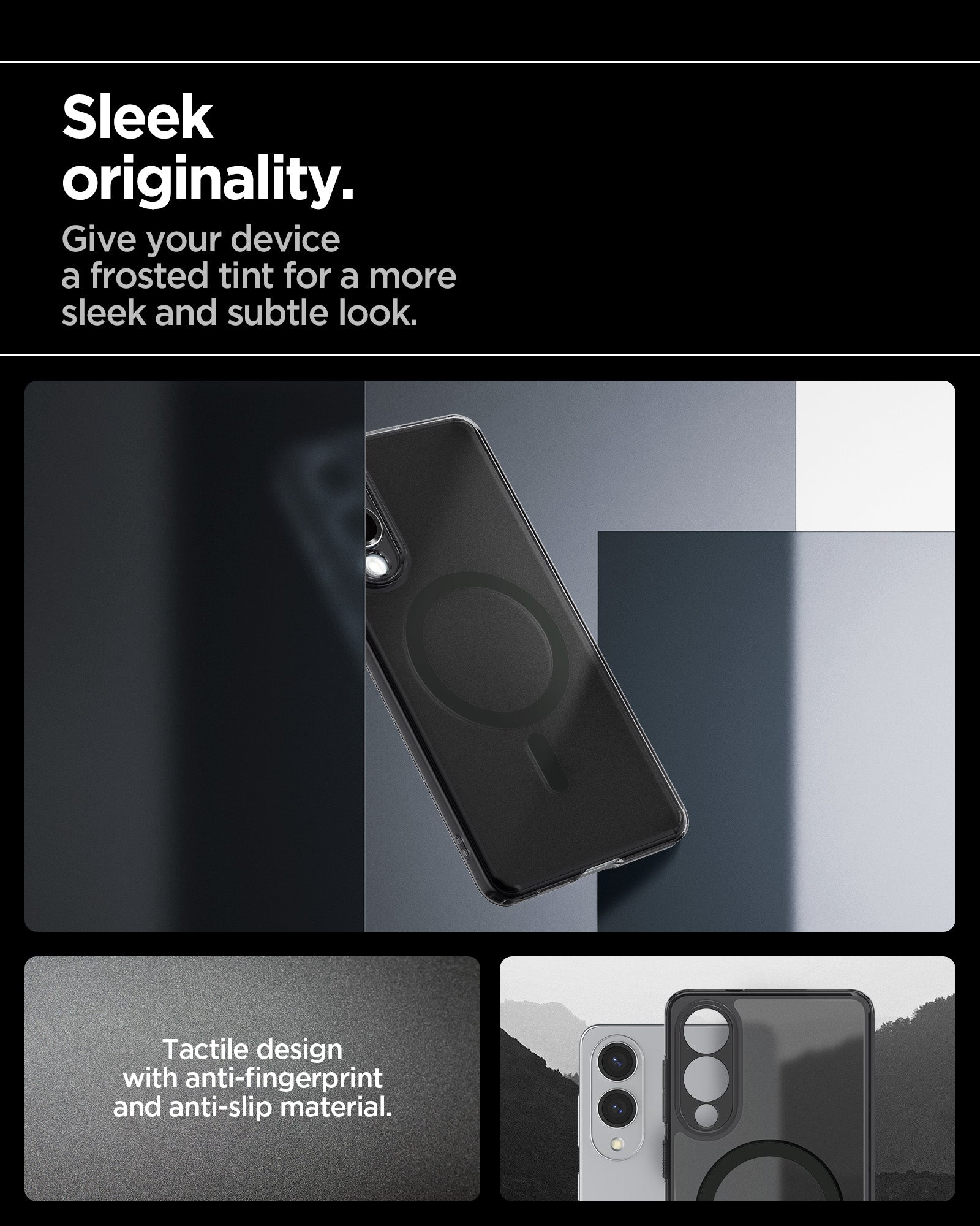 ACS09419 - Galaxy S25 Edge Case Ultra Hybrid (MagFit) in Frost Black showing the sleek originality. Give your device a frosted tint for more sleek and subtle look. Tactile design with anti-fingerprint and anti- slip material