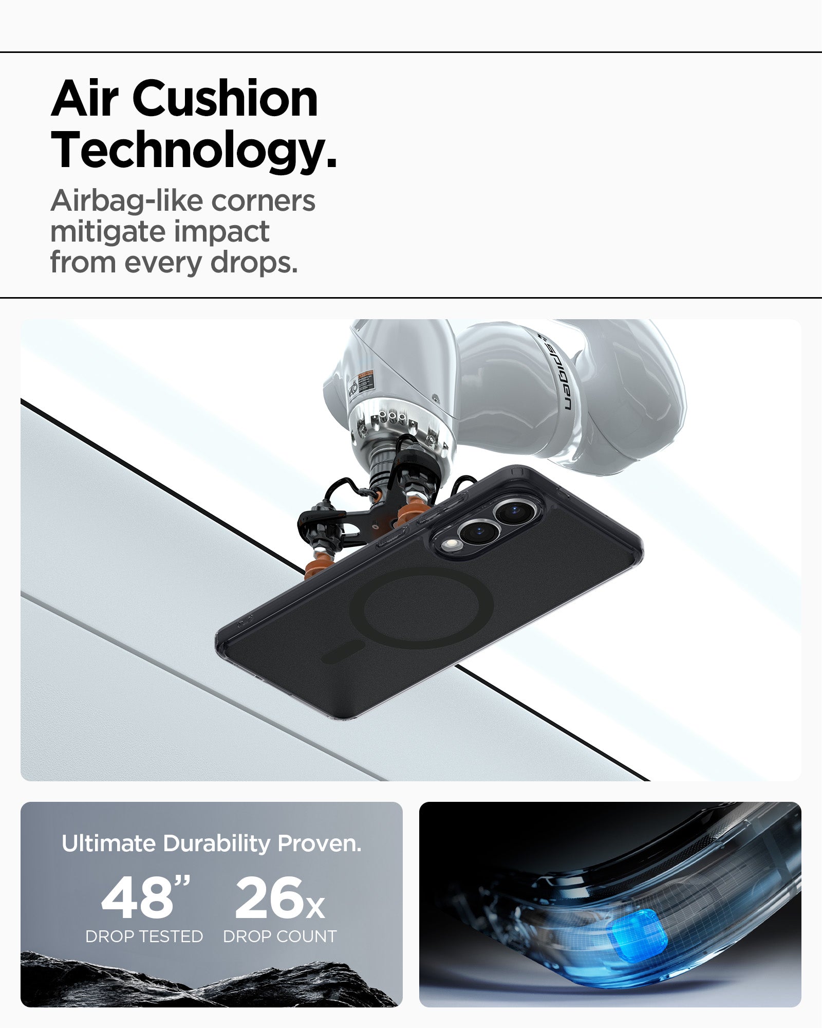 ACS09419 - Galaxy S25 Edge Case Ultra Hybrid (MagFit) in Frost Black showing the Air Cushion Technology. Airbag-like corners mitigate impact from every drops. Ultimate Durability Proven 48" drop tested, 26x drop count