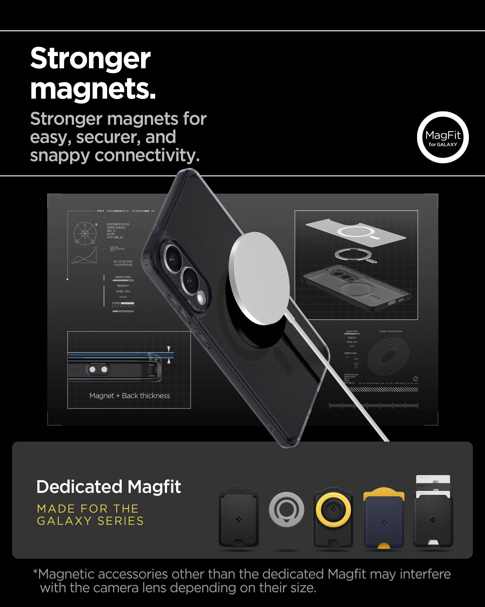 ACS09419 - Galaxy S25 Edge Case Ultra Hybrid (MagFit) in Frost Black showing the stronger magnets. Stronger magnets for easy, securer, and snappy connectivity. Magnetic accessories other than the dedicated Magfit may interfere with the camera lens depending on their size