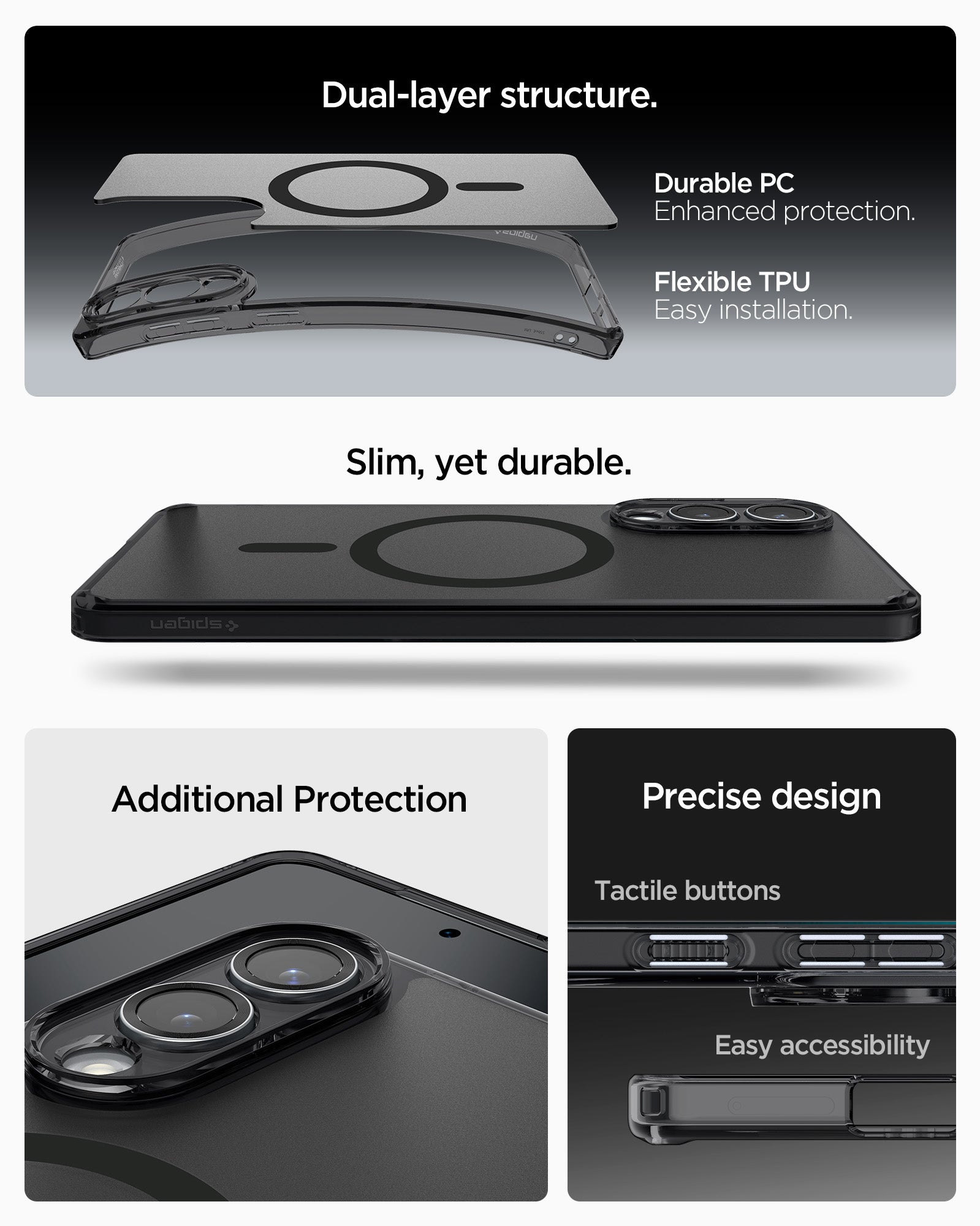 ACS09419 - Galaxy S25 Edge Case Ultra Hybrid (MagFit) in Frost Black showing the dual-layer structure. Durable PC, enhanced protection and Flexible TPU, easy installation. Slim, yet durable. Additional Protection. Precise design, tactile buttons and easy accessibility
