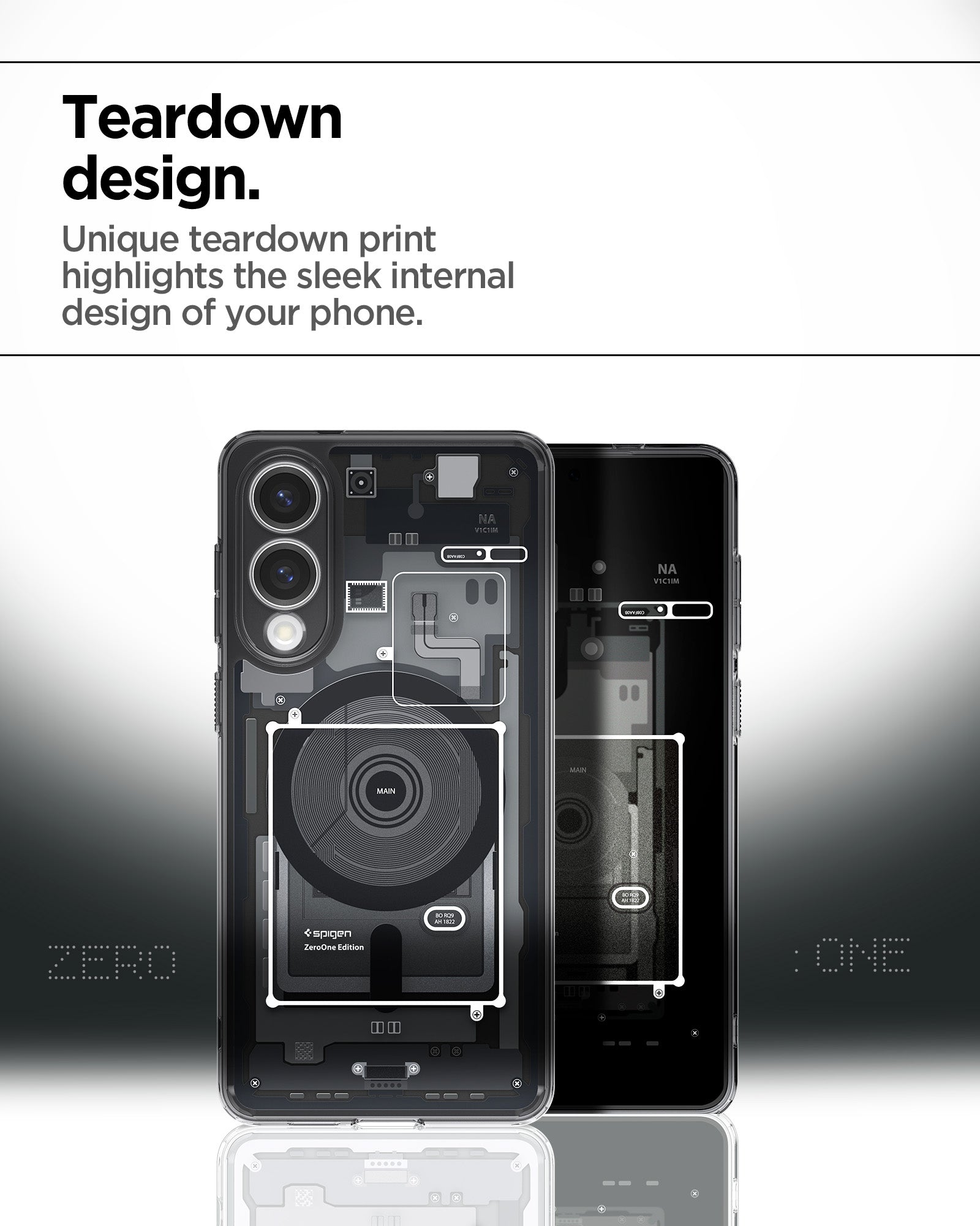 ACS09415 - Galaxy S25 Edge Case Ultra Hybrid Zero One in Zero One Black showing the teardown design. Unique teardown print highlights the sleek internal design of your phone