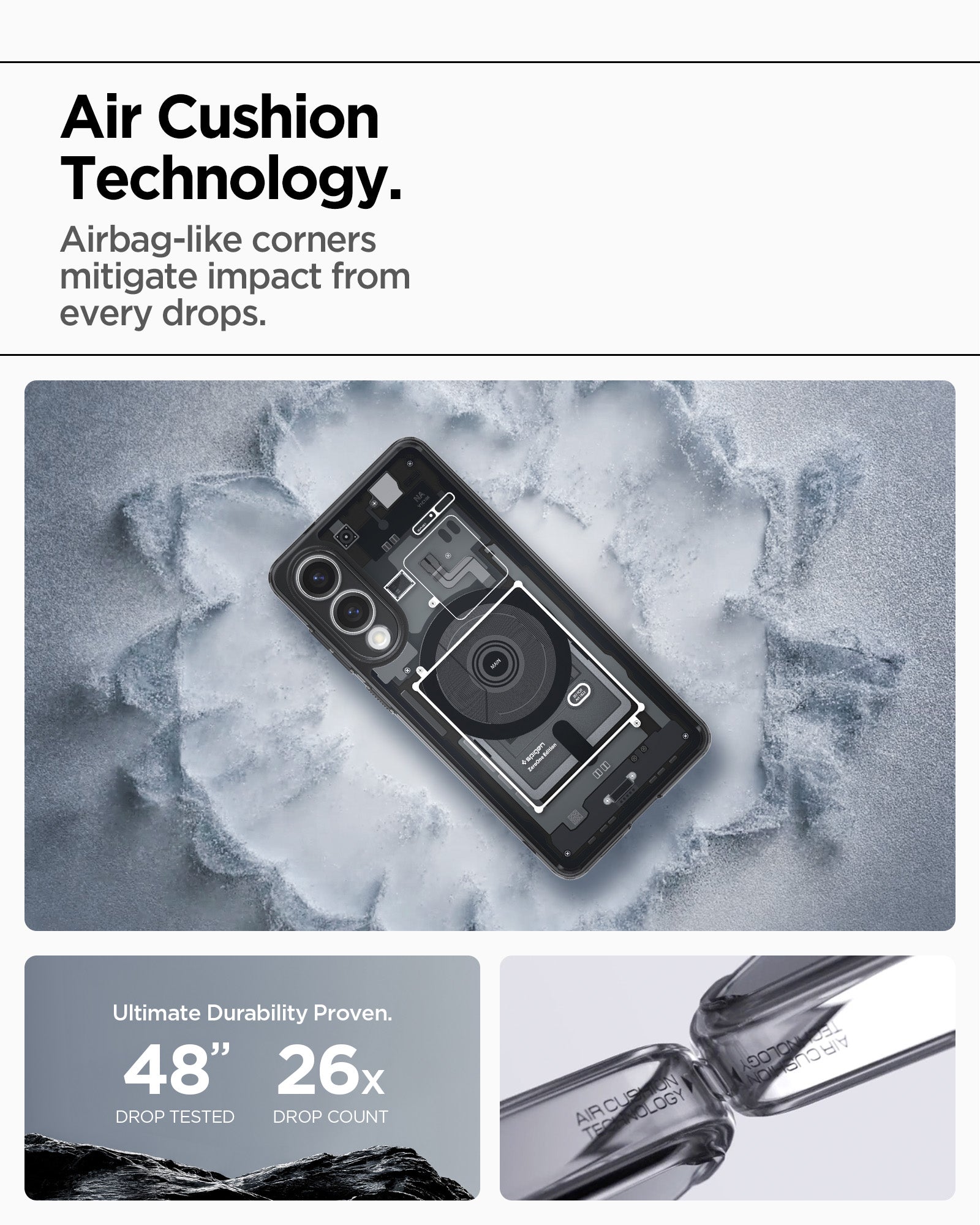 ACS09415 - Galaxy S25 Edge Case Ultra Hybrid Zero One in Zero One Black showing the air cushion technology. Airbag-like corners mitigate impact from every drops. Ultimate Durability Proven. 48" drop tested | 26x drop count