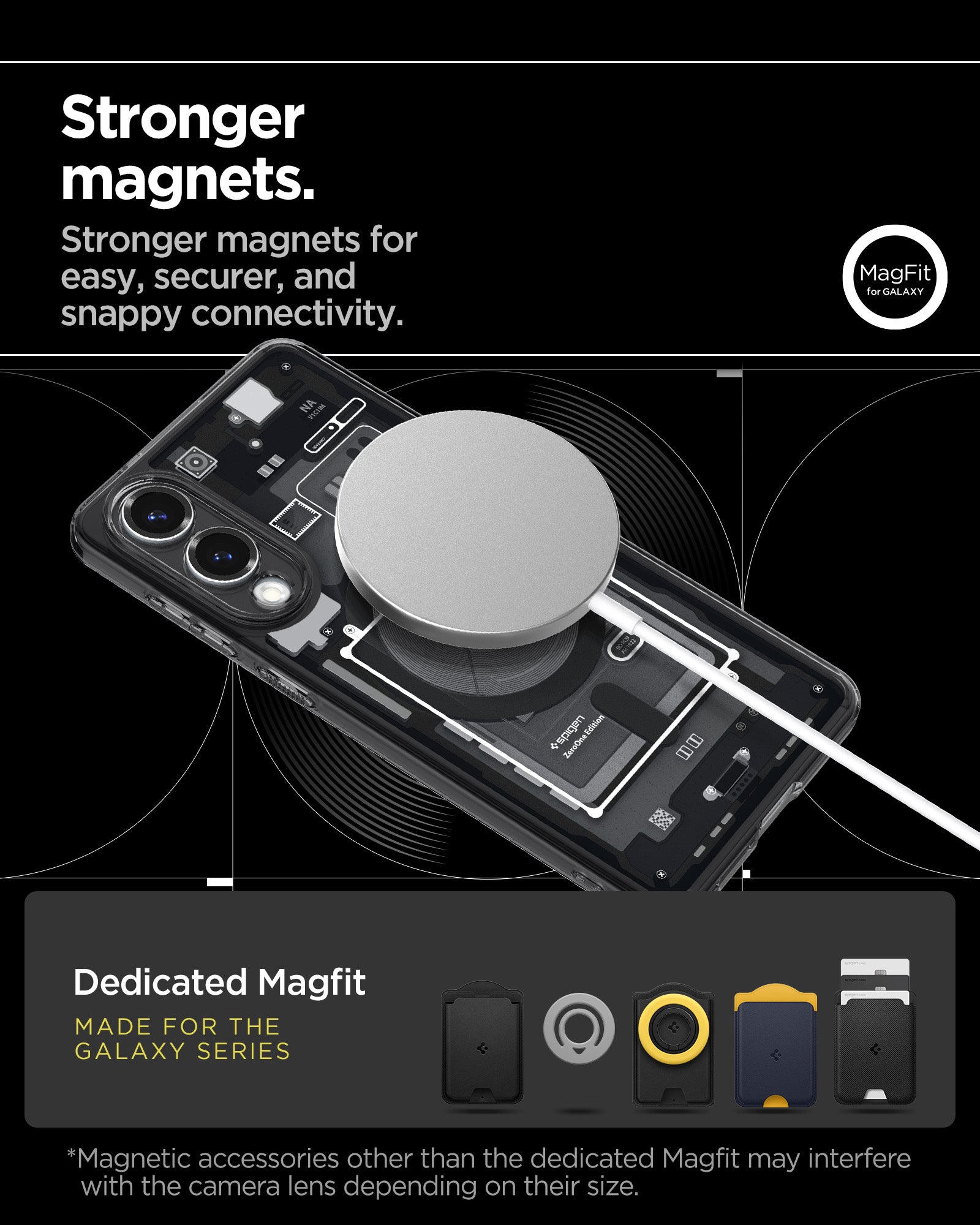 ACS09415 - Galaxy S25 Edge Case Ultra Hybrid Zero One in Zero One Black showing the stronger magnets. Stronger magnets for easy, securer, and snappy connectivity. Magnetic accessories other than the dedicated Magfit may interfere with the camera lens depending on their size