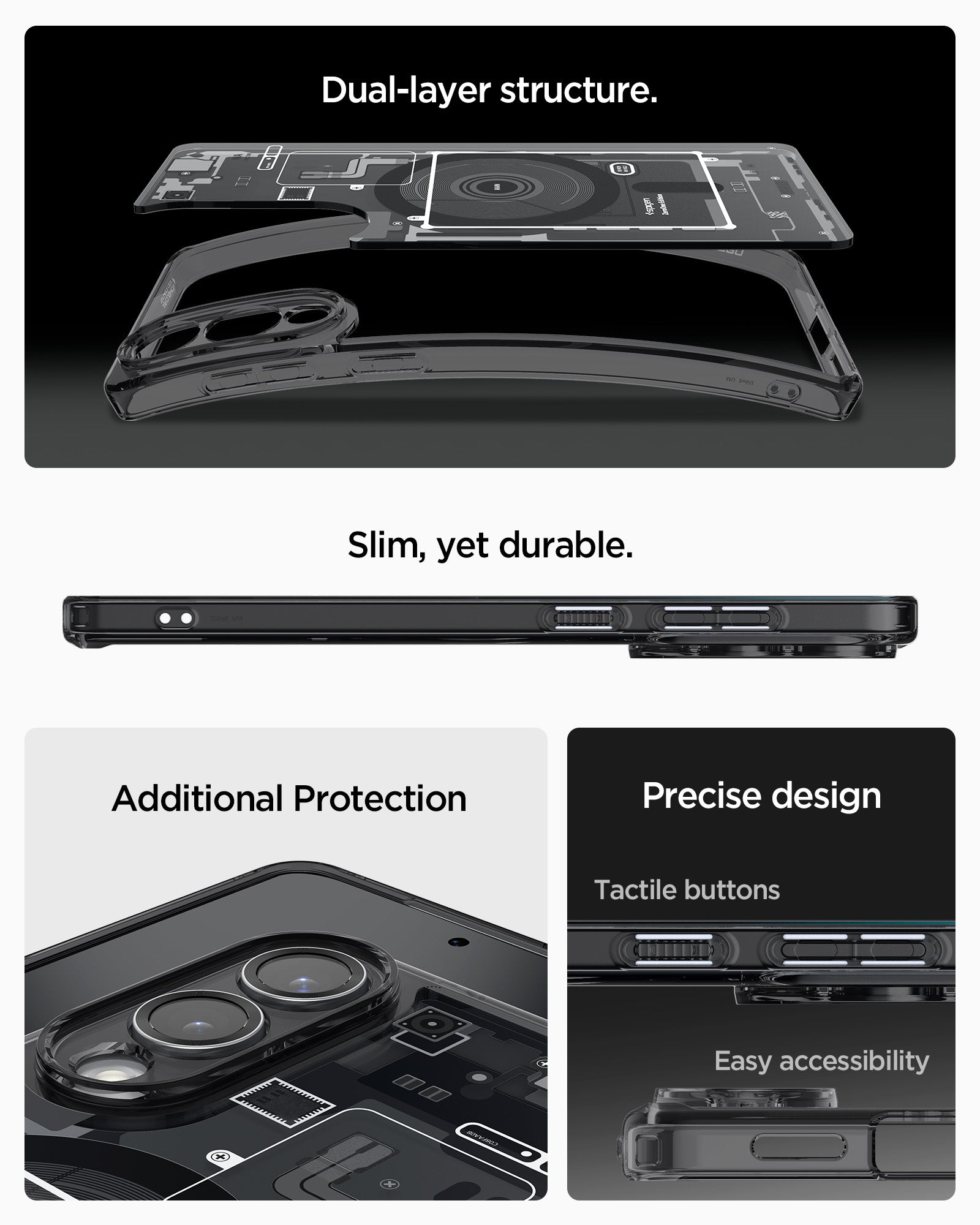 ACS09415 - Galaxy S25 Edge Case Ultra Hybrid Zero One in Zero One Black showing the dual-layer structure. Slim, yet durable. Additional Protection. Precise design, tactile buttons and easy accessibility