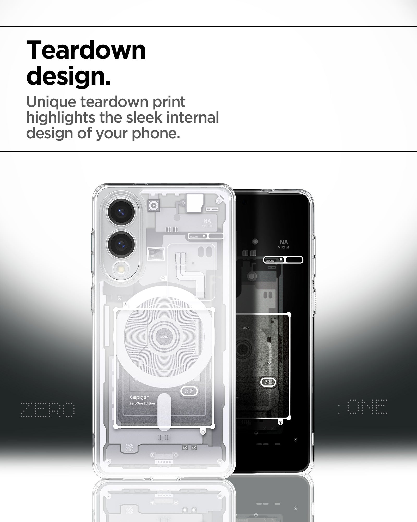 ACS09417 - Galaxy S25 Edge Case Ultra Hybrid Zero One in Zero One White showing the teardown design. Unique teardown print highlights the sleek internal design of your phone