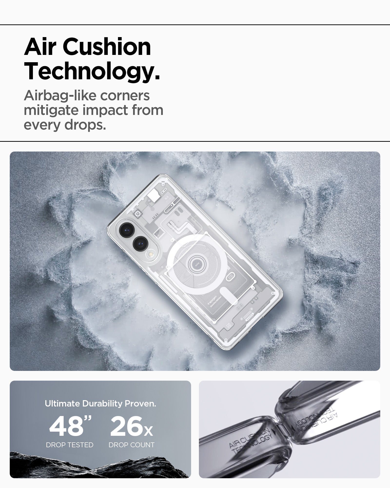 ACS09417 - Galaxy S25 Edge Case Ultra Hybrid Zero One in Zero One White showing the air cushion technology. Airbag-like corners mitigate impact from every drops. Ultimate Durability Proven. 48" drop tested | 26x drop count