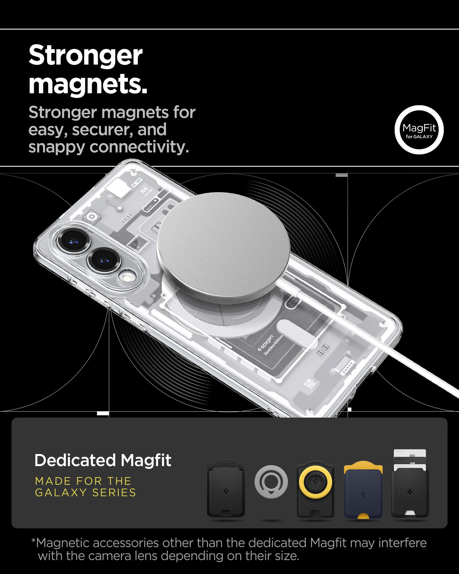 ACS09417 - Galaxy S25 Edge Case Ultra Hybrid Zero One in Zero One White showing the stronger magnets. Stronger magnets for easy, securer, and snappy connectivity. Magnetic accessories other than the dedicated Magfit may interfere with the camera lens depending on their size