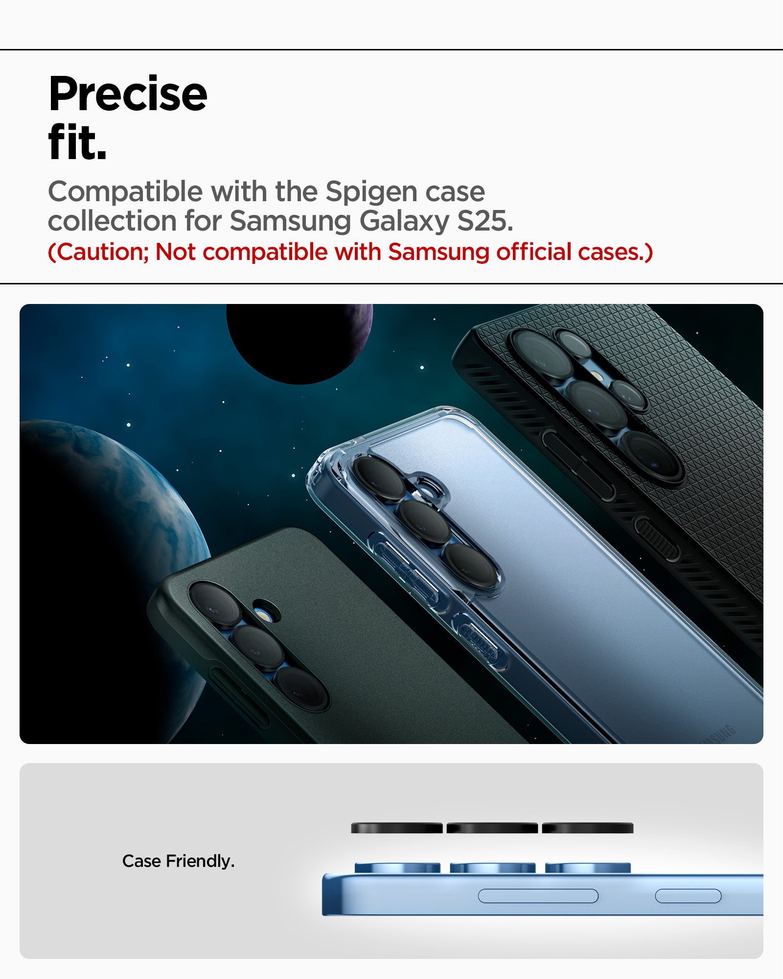 AGL09090 - Galaxy S25 Optik Pro EZ Fit Lens Protector in Black showing the precise fit. Compatible with the Spigen case collection for Samsung Galaxy S25 Ultra (Caution; Not compatible with Samsung official cases)