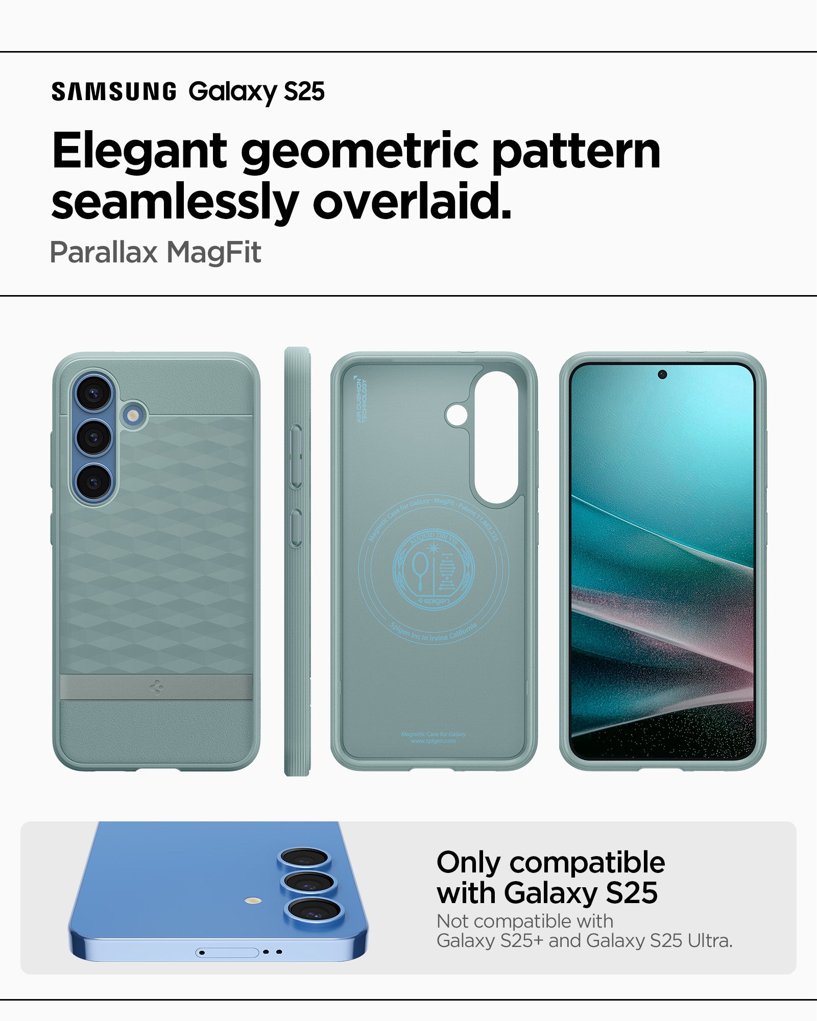 ACS09063 - Galaxy S25 Case Parallax (MagFit) in Sage Green showing the elegant geometric pattern seamlessly overlaid. Parallax MagFit. Only compatible with Galaxy S25+ and not compatible with Galaxy S25 and Galaxy S25 Ultra