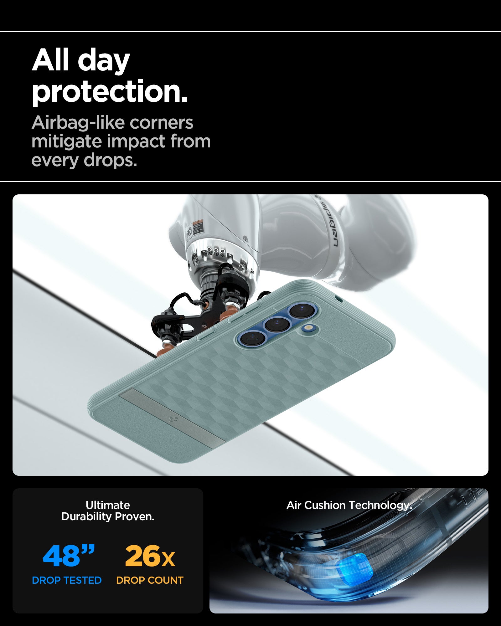 ACS09063 - Galaxy S25 Case Parallax (MagFit) in Sage Green showing the all day protection. Airbag-like corners mitigate impact from drops. Ultimate durability proven. 48" drop tested and 26X drop count