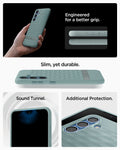 ACS09063 - Galaxy S25 Case Parallax (MagFit) in Sage Green showing how it is engineered for a better grip. Slim, yet durable. Sound Tunnel and Additional Protection