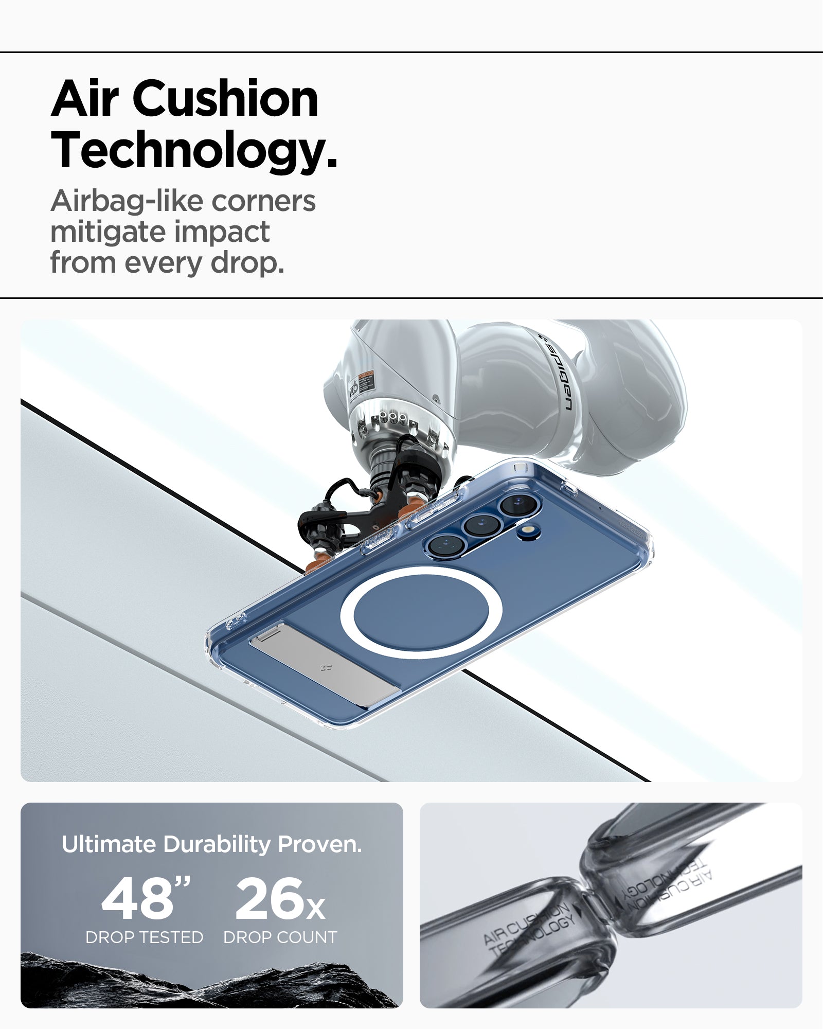 ACS08984 - Galaxy S25 Plus Case Ultra Hybrid S in Clear White showing the AirCushion Technology. Airbag-like corners mitigate impact from every drop. Ultimate Durability Proven. 48" drop tested and 26x drop count