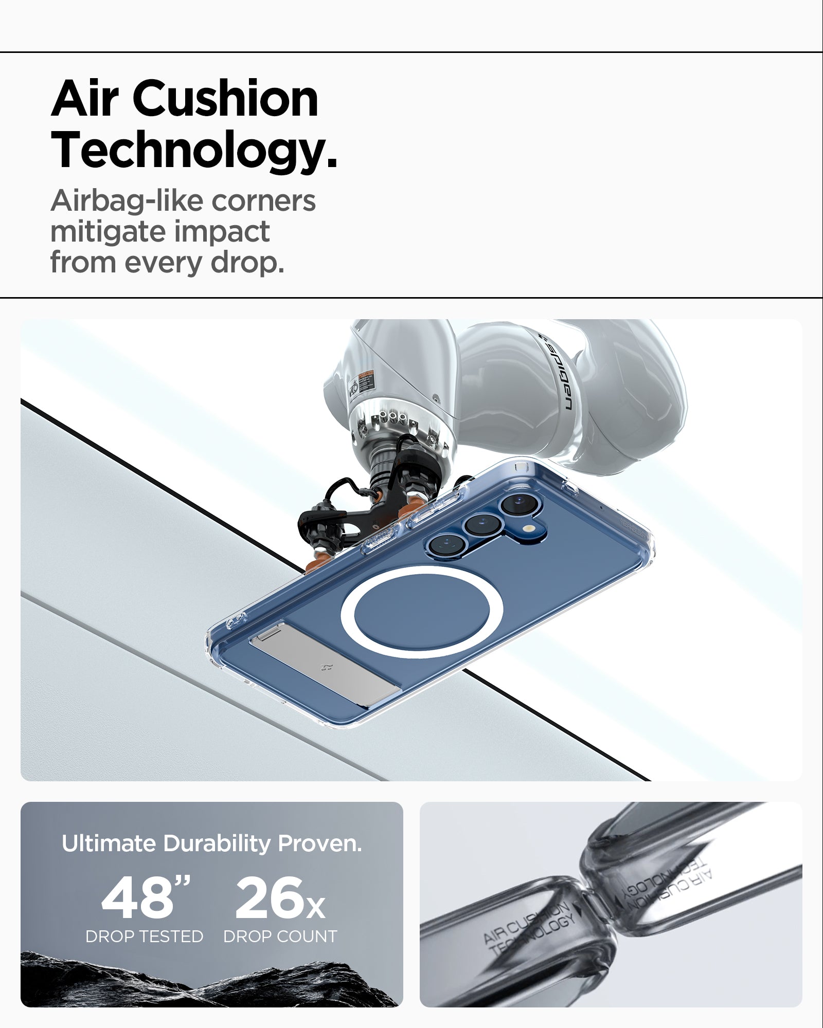 ACS09026 - Galaxy S25 Case Ultra Hybrid S in Clear White showing the AirCushion Technology. Airbag-like corners mitigate impact from every drop. Ultimate Durability Proven. 48" drop tested and 26x drop count