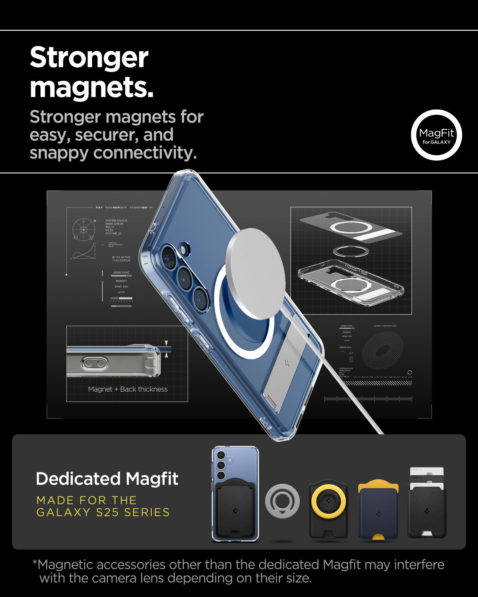 ACS08984 - Galaxy S25 Plus Case Ultra Hybrid S in Clear White showing the stronger magnets for easy, securer, and snappy connectivity. Magnetic accessories other than the dedicated Magfit may interfere with the camera lens depending on their size