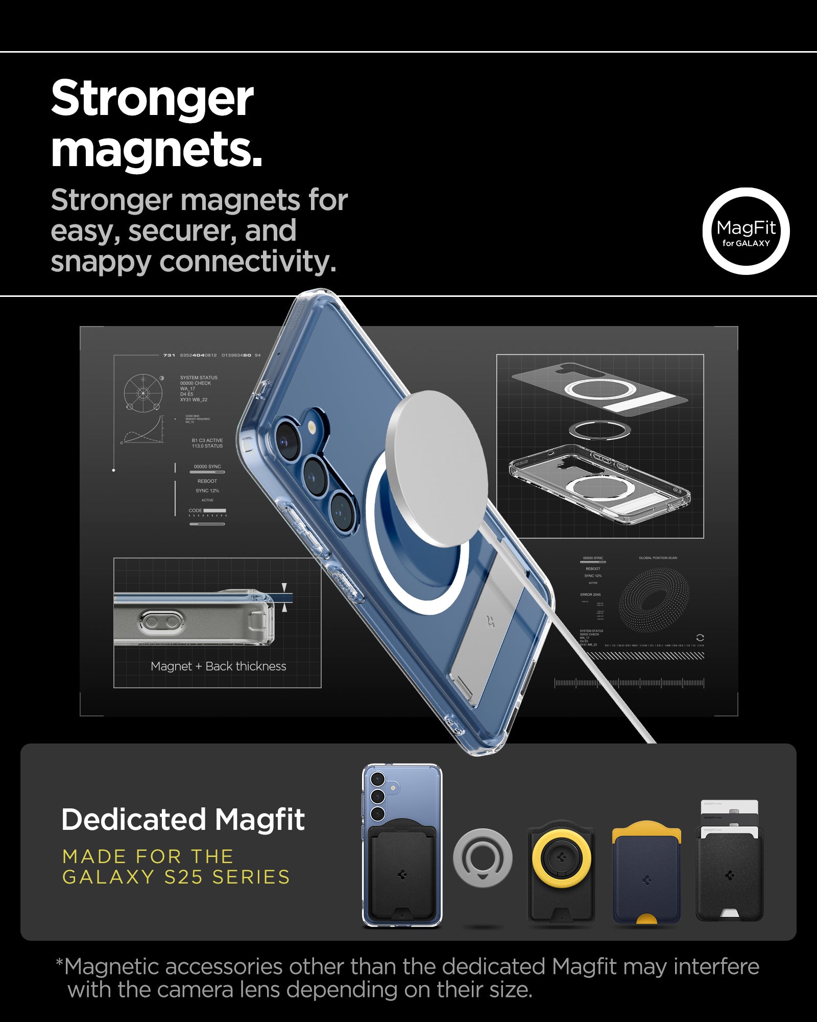 ACS09026 - Galaxy S25 Case Ultra Hybrid S in Clear White showing the stronger magnets for easy, securer, and snappy connectivity. Magnetic accessories other than the dedicated Magfit may interfere with the camera lens depending on their size