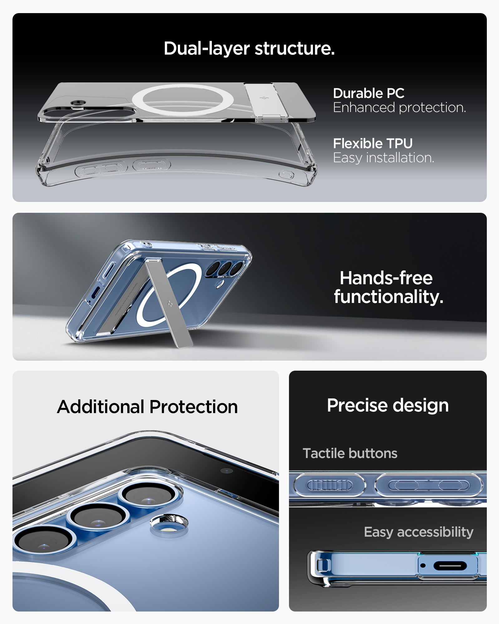ACS08984 - Galaxy S25 Plus Case Ultra Hybrid S in Clear White showing the dual-layer structure. Durable PC, enhanced protection. Hands-free functionality. Additional Protection. Precise design, tactile buttons and easy accessibility
